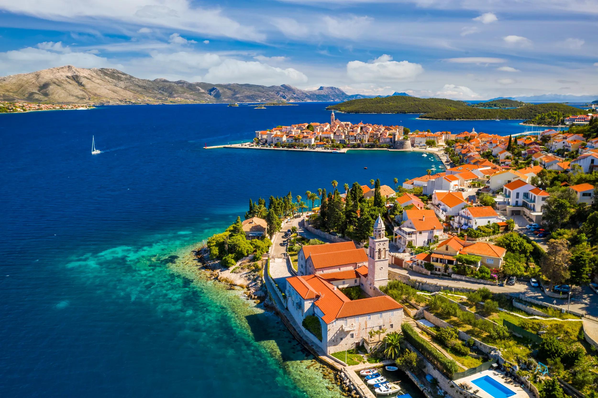 Aerial scenic view at Korcula town on Korcula island, Croatia. Korčula is a historic fortified town on the protected east coast of the island of Korčula, in Croatia, in the Adriatic