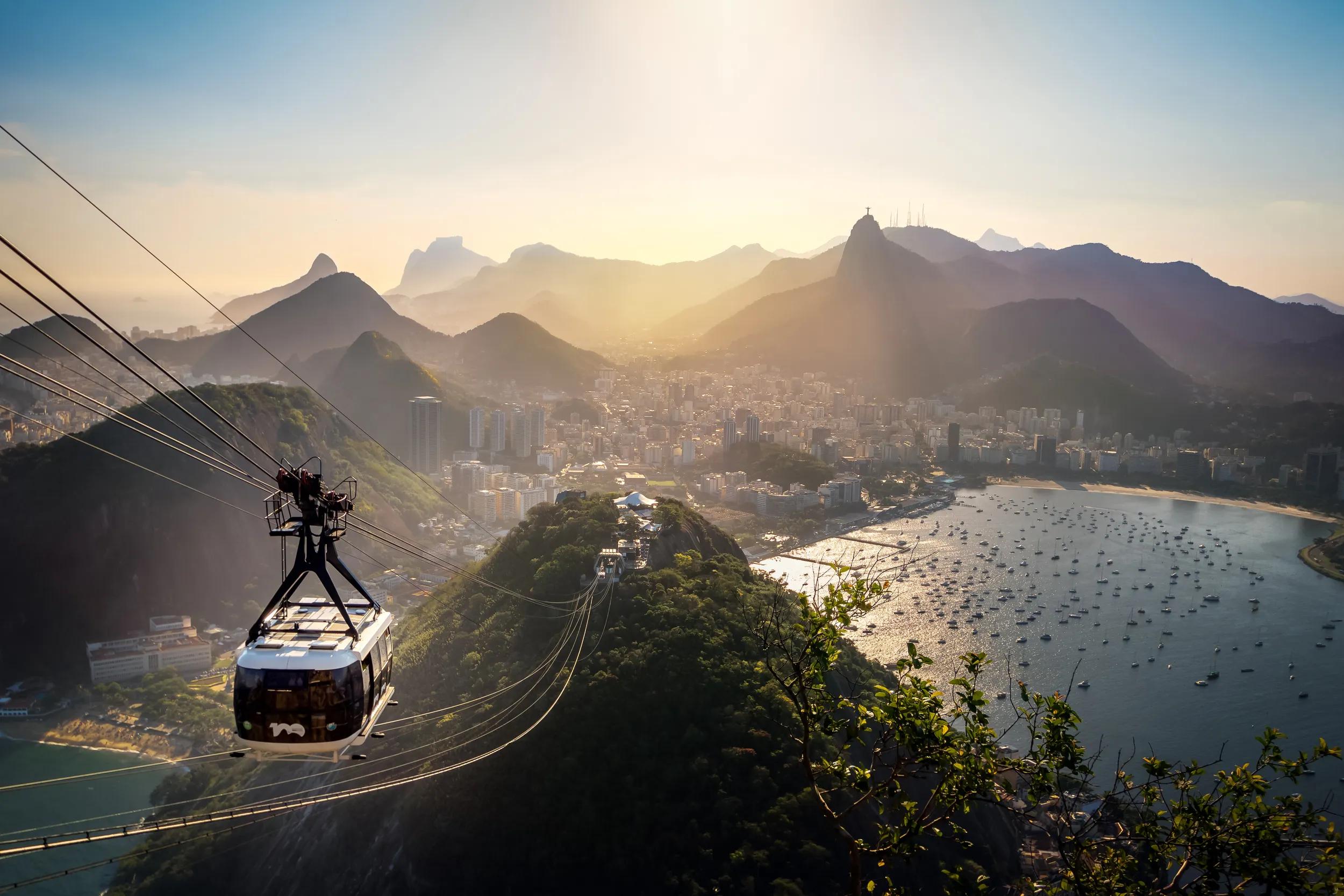 Rio de Janeiro, Brazil - Nov 2, 2017: Aerial view of Rio de Janeiro with Urca and Sugar Loaf Cable Car and Corcovado mountain  - Rio de Janeiro, Brazil