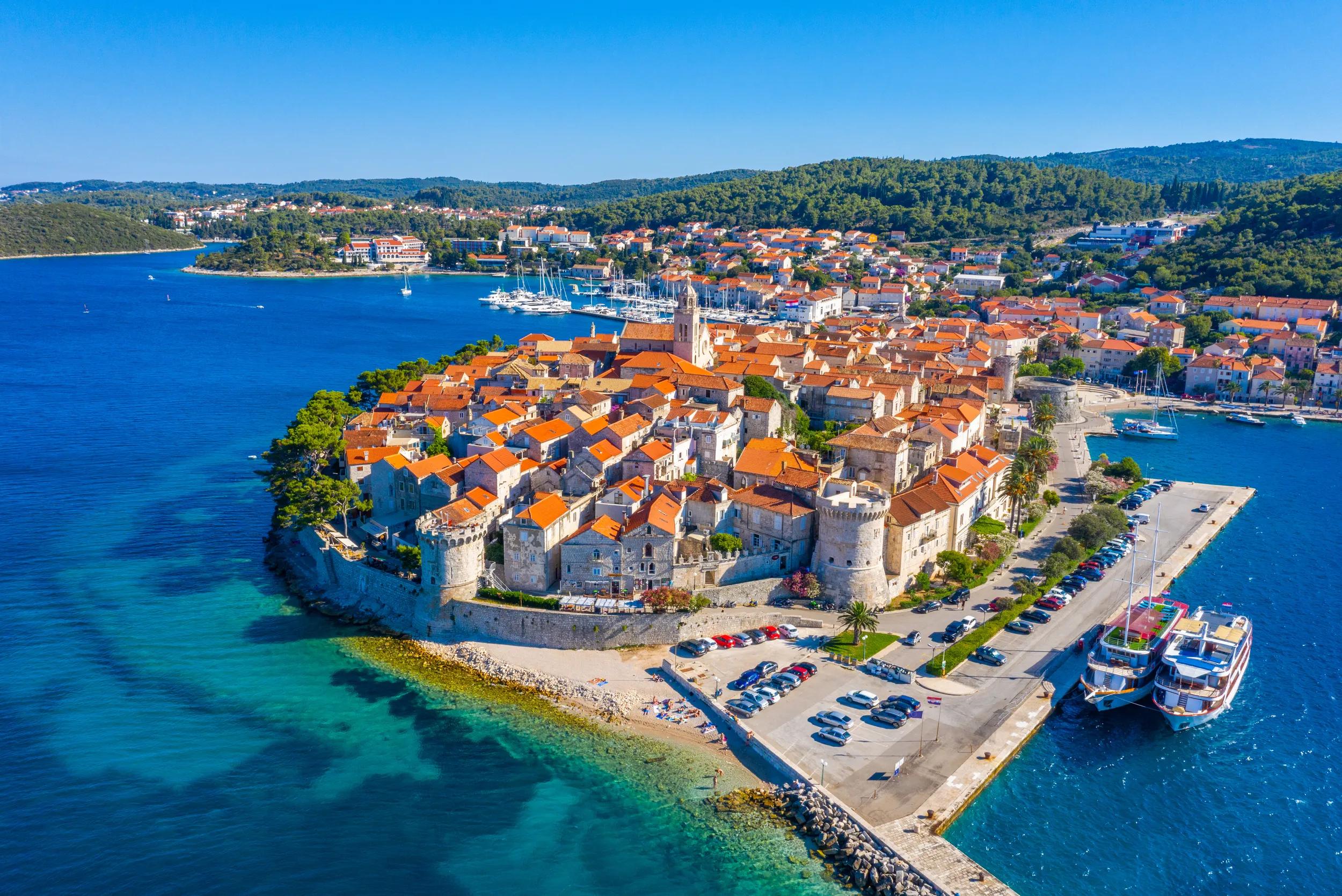 Aerial view of Korcula (Korčula) town on Korcula island, Croatia