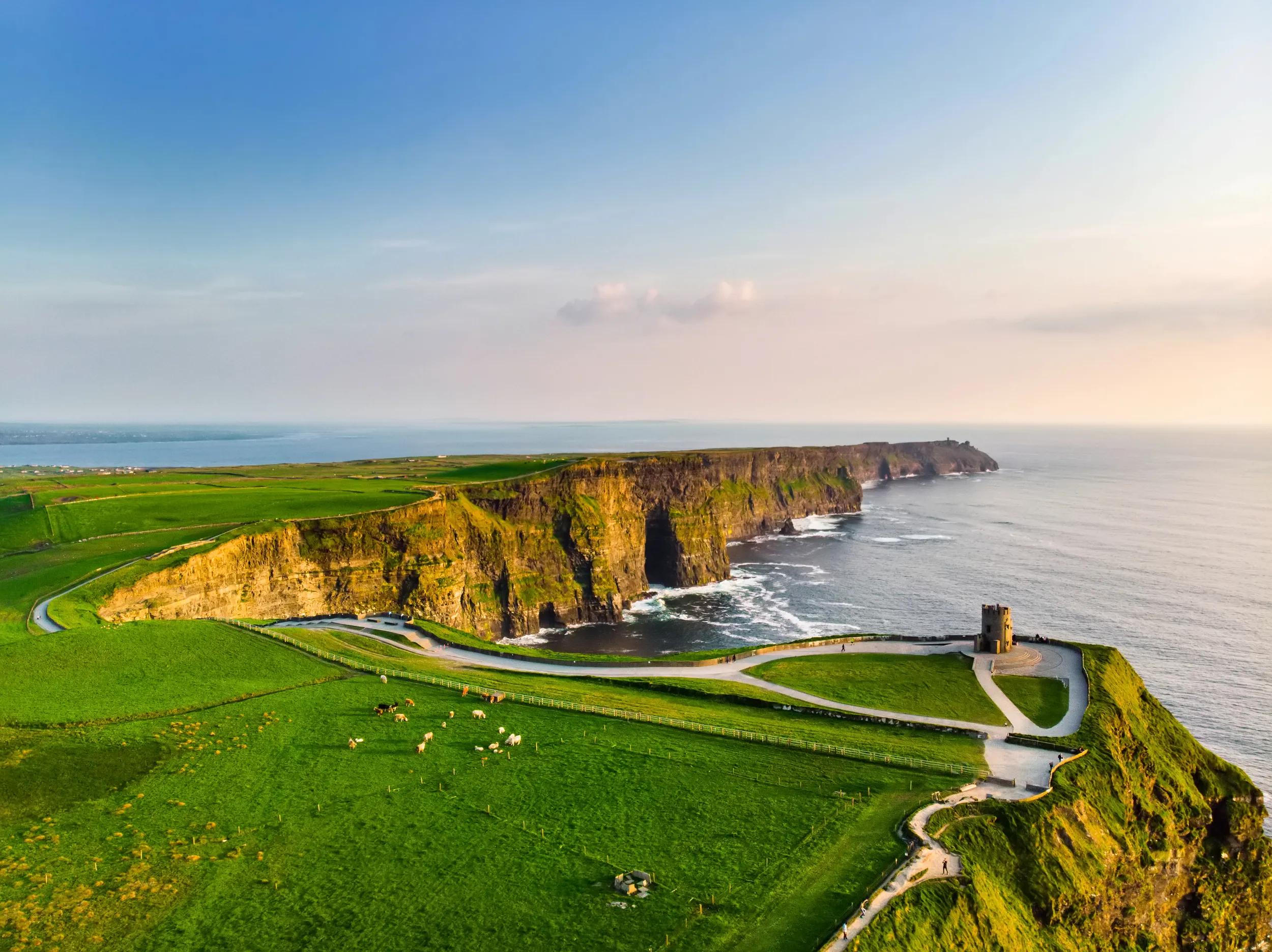 World famous Cliffs of Moher, one of the most popular tourist destinations in Ireland. Aerial view of widely known tourist attraction on Wild Atlantic Way in County Clare.