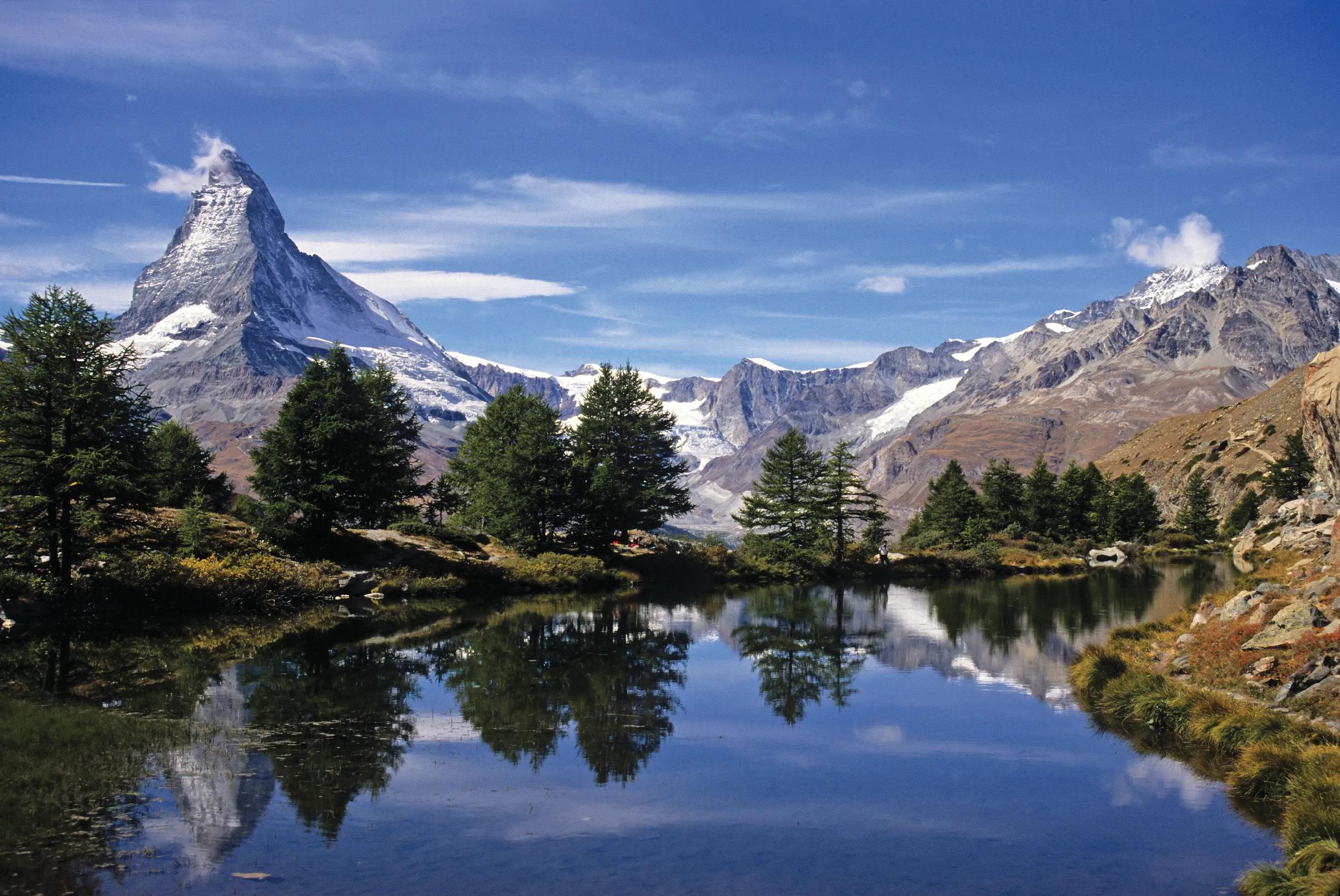 Matterhorn reflecting in Lake Grindjisee, Zermatt, Switzerland.