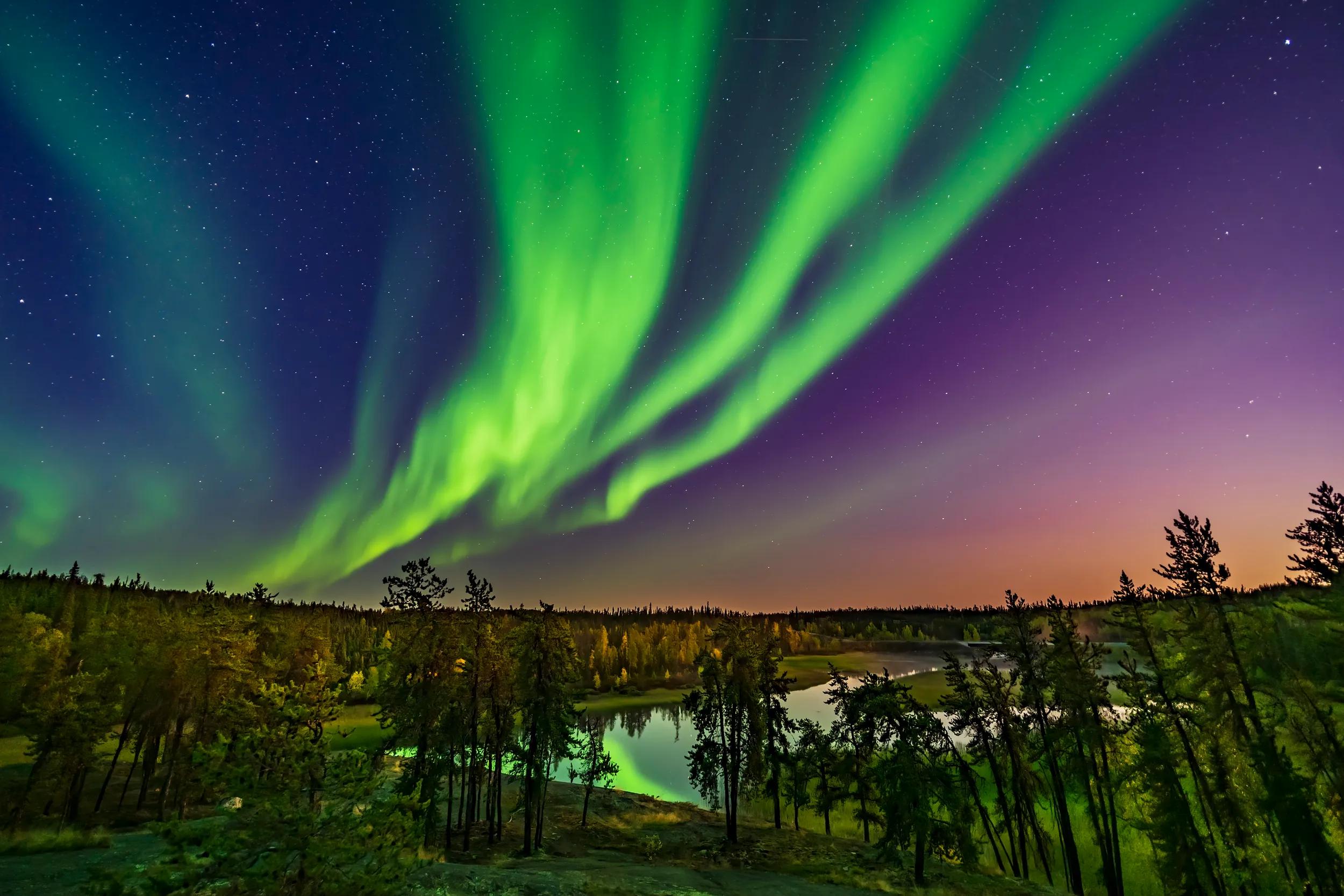 Northern Lights viewed from the Cameron River viewpoint off the Ramparts falls trail on the Ingraham trail near Yellowknife.