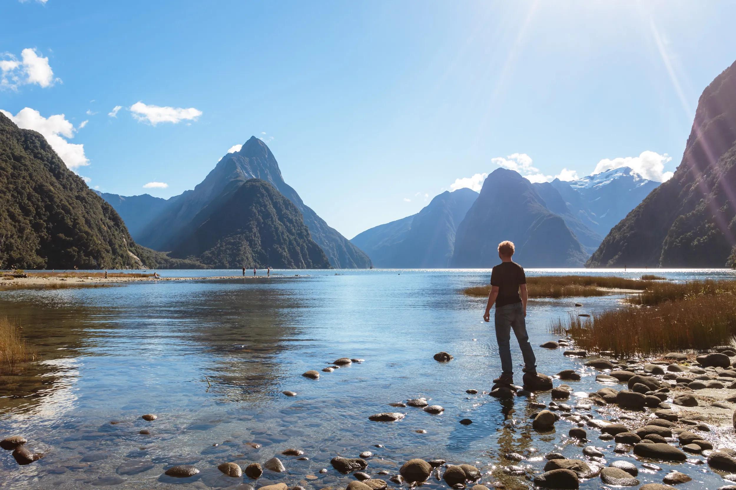 Traveler looking at view, Milford Sound, Fjordland National Park, New Zealand