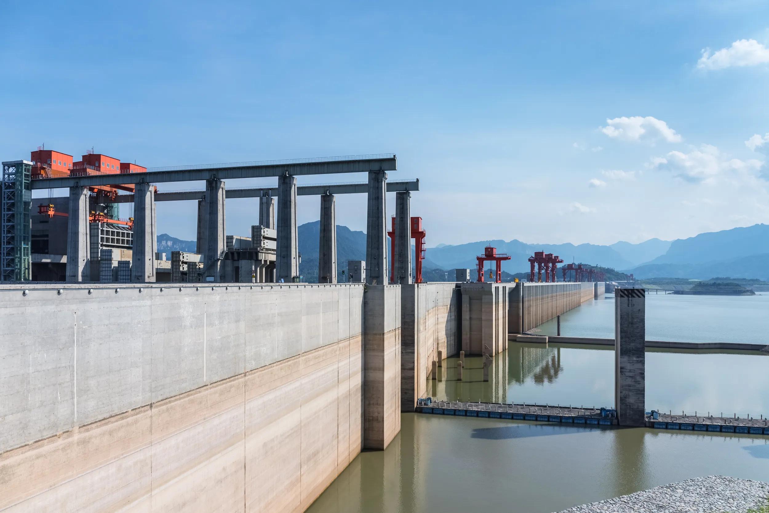 Close-up of the three gorges dam, the majestic scene of dam with ship lift and calm reservoir, Yichang city, Hubei province, China.