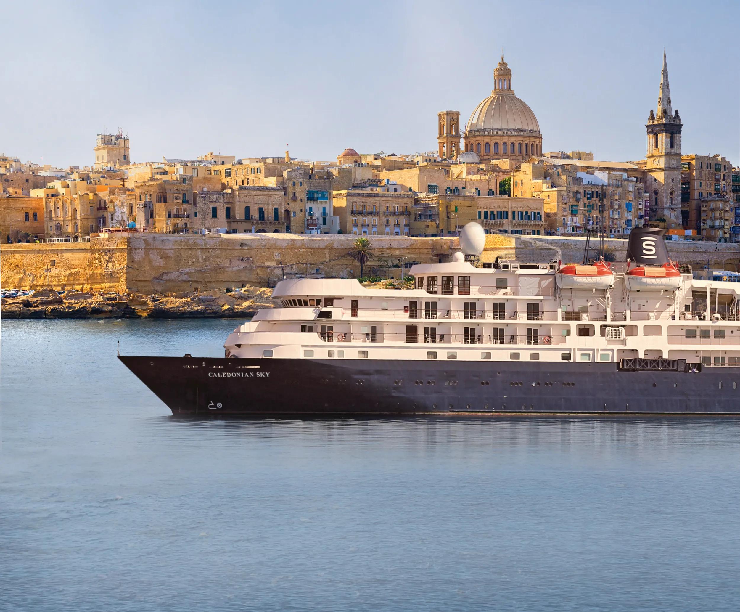 Caledonian Sky in Malta - Mediterranean travel destination, Marsamxett Harbour and Valletta with Cathedral of Saint Paul