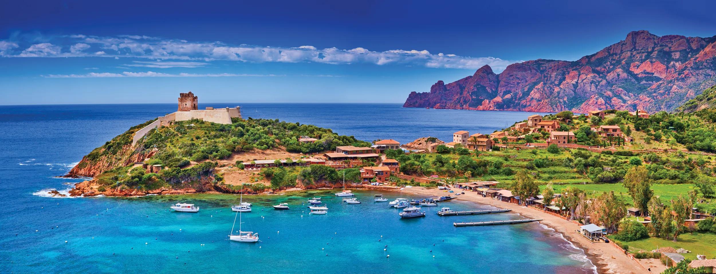 Panorama of Girolata Bay in Corsica Island, Corse-du-Sud, France. Scandola Nature Reserve a Natural World Heritage Site, Regional Park. Only accessible by foot or by boat.