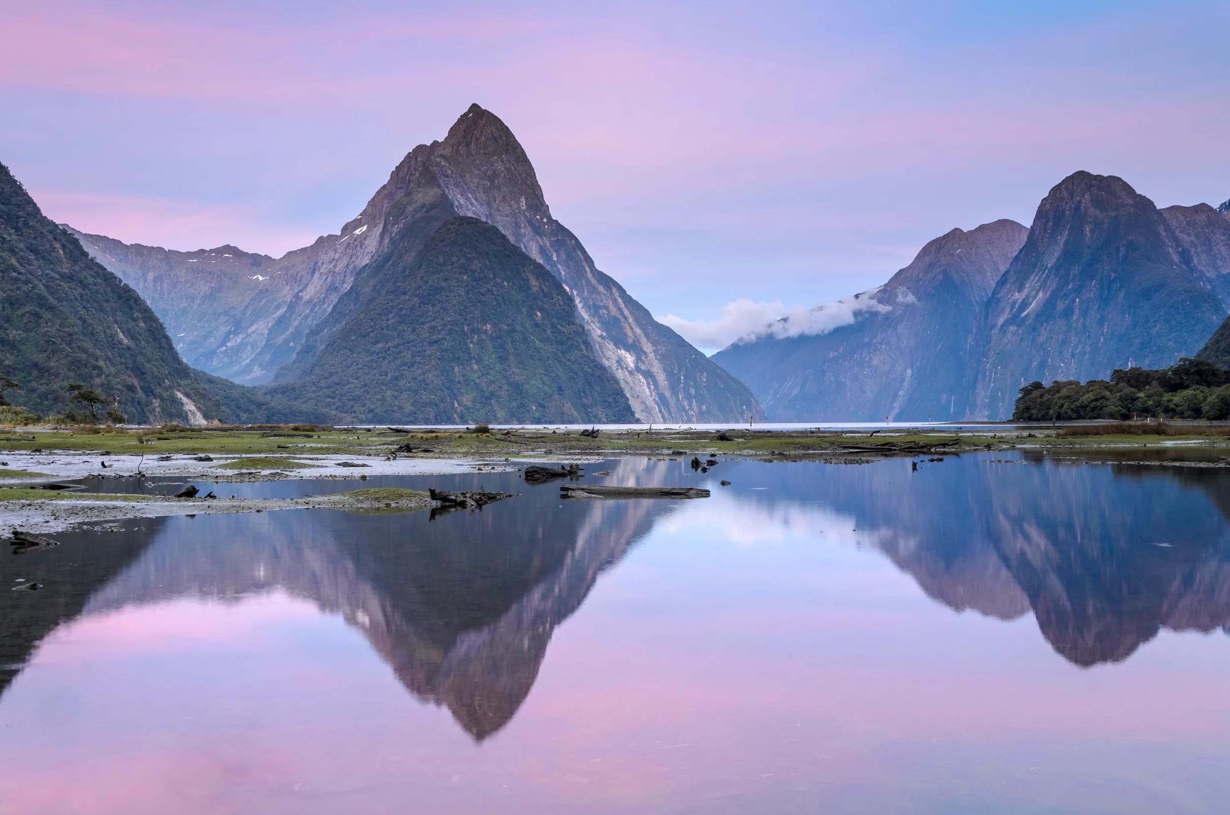 Mitre Peak at dawn, Fiordland National Park, Milford Sound, South Island, New Zealand