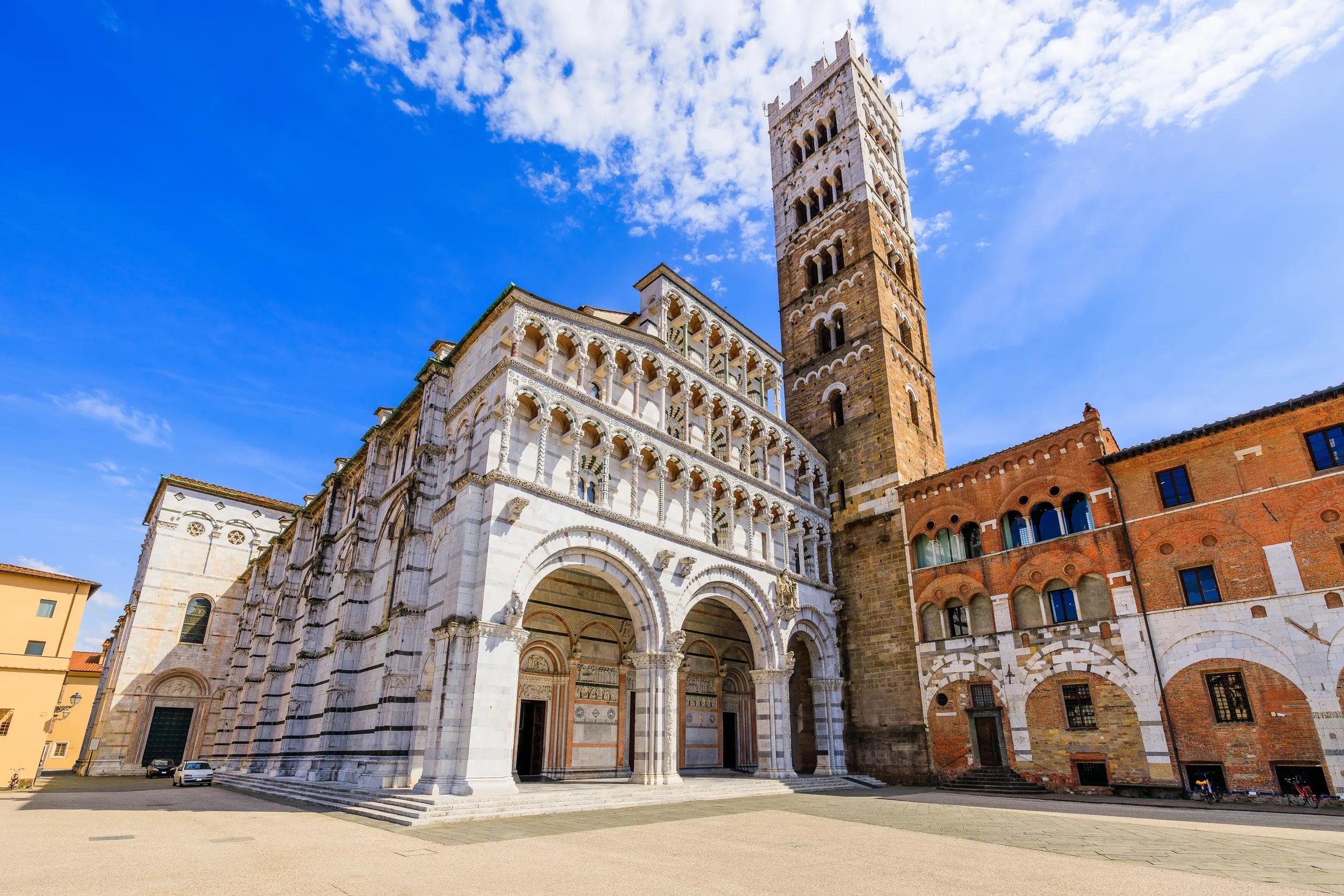 Lucca, Tuscany, Italy. Facade and bell tower of Lucca Cathedral.