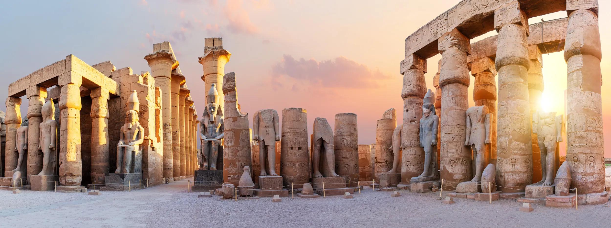 Luxor Temple pillars, beautiful sunset panorama, Egypt.