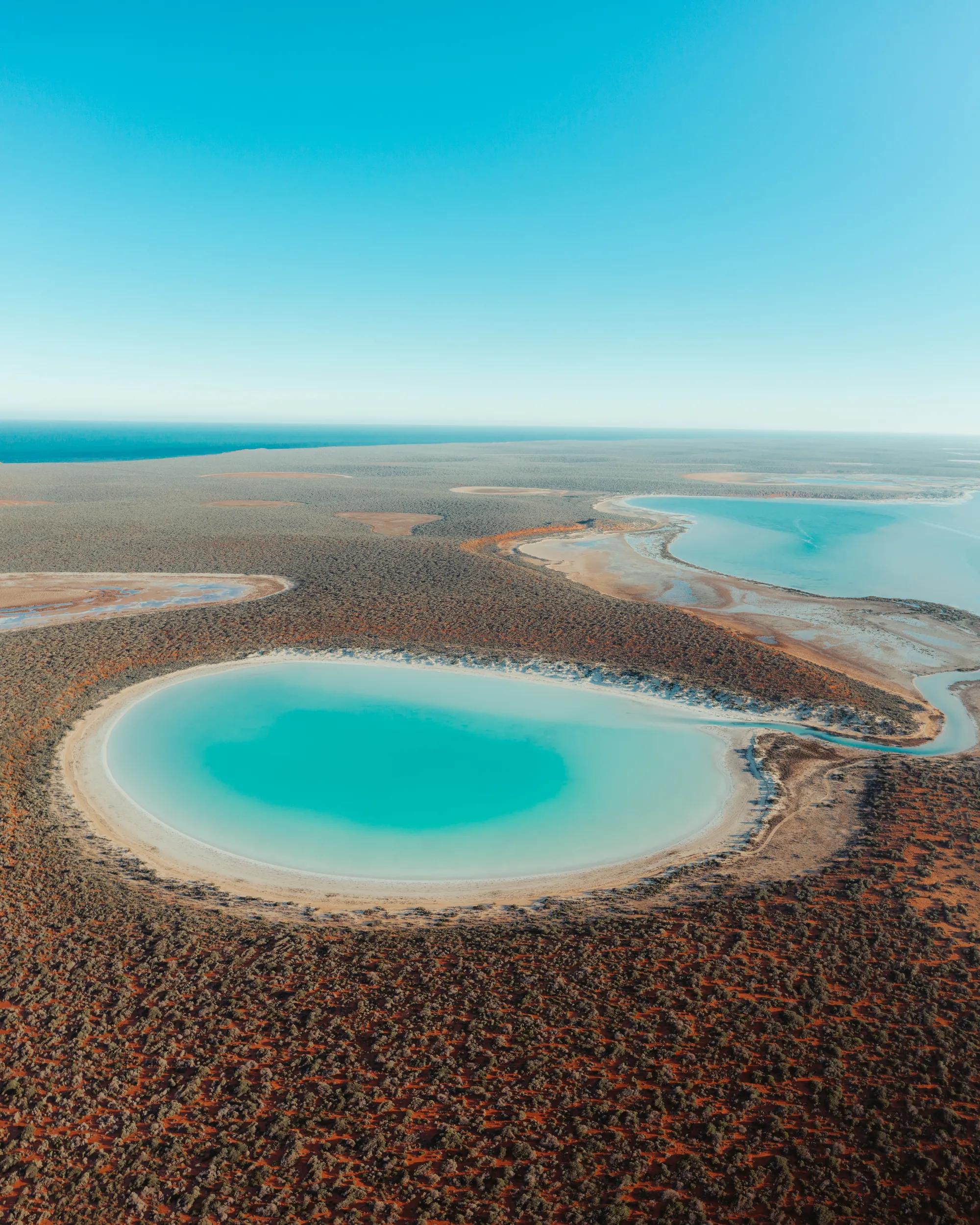 Aerial View of Big Lagoon Shark Bay - DRONE 4K - stock ..Situated in Francois Peron National Park, Big Lagoon is a stunning lagoon renowned for its vibrant colours and plentiful marine life, such as dolphins, dugongs, rays, fish and sharks...The lagoon offers excellent fishing, swimming, kayaking, windsurfing and kite-surfing opportunities.