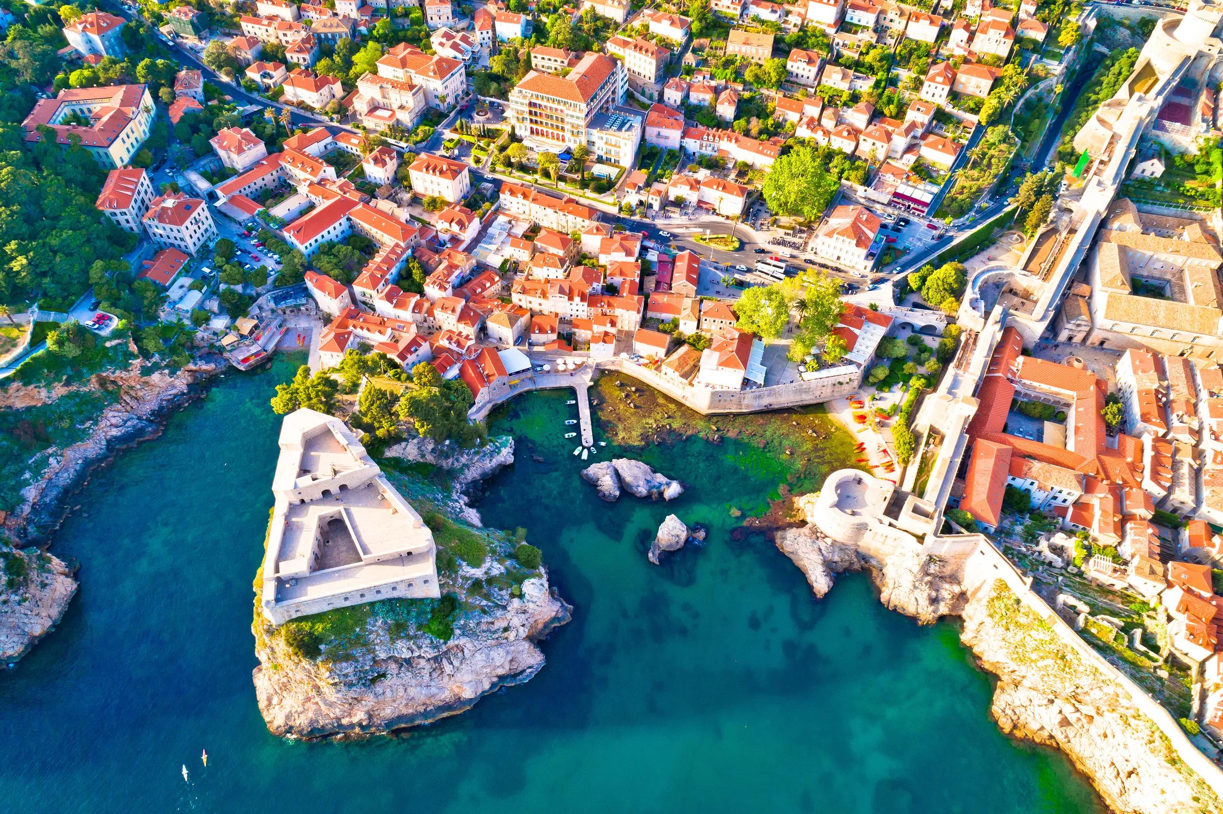 Dubrovnik ancient landmarks Lovrijenac and Pile city gate aerial view, UNESCO world heritage site in Dalmatia, Croatia