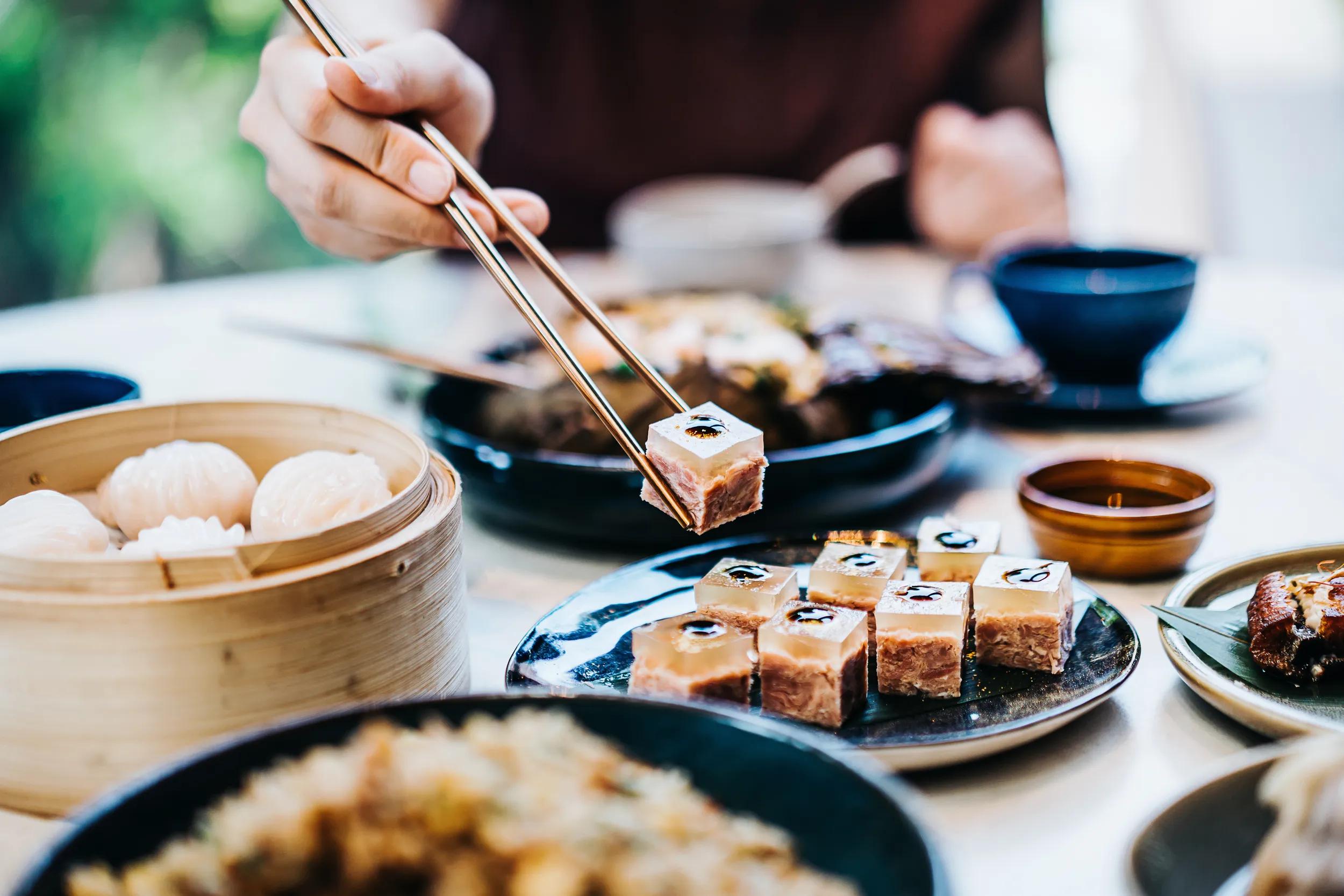 Traditional Chinese culture eating Yumcha with chopsticks.