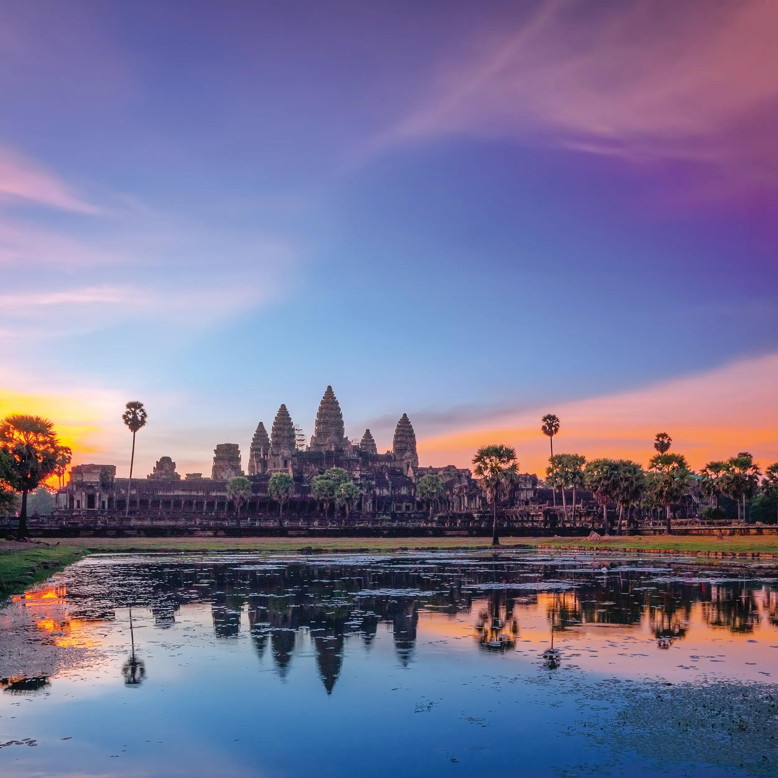 Angkor Wat, located in Siem Reap, Cambodia, is the world's largest religious monument and an iconic symbol of the country. It became a Buddhist temple toward the end of the 12th century despite the orignal intention was built as a Hindu temple of god Vishnu for the Khmer Empire.