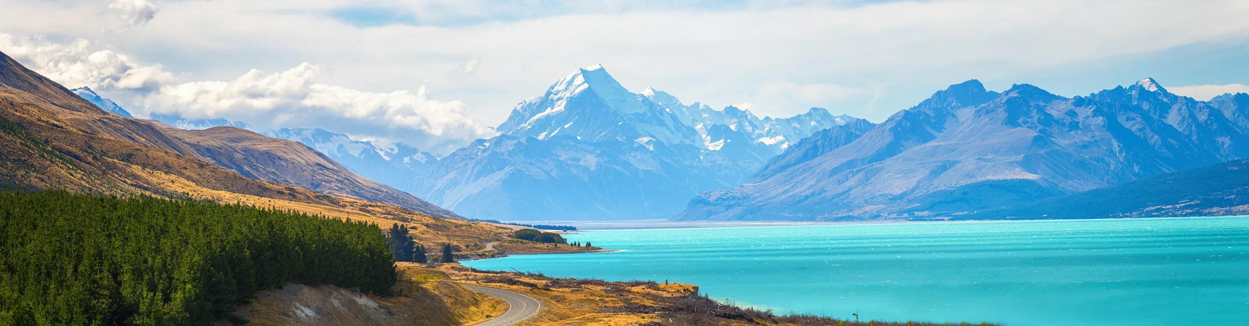 panorama of Lake Pukaki and Mt. Cook as a Background