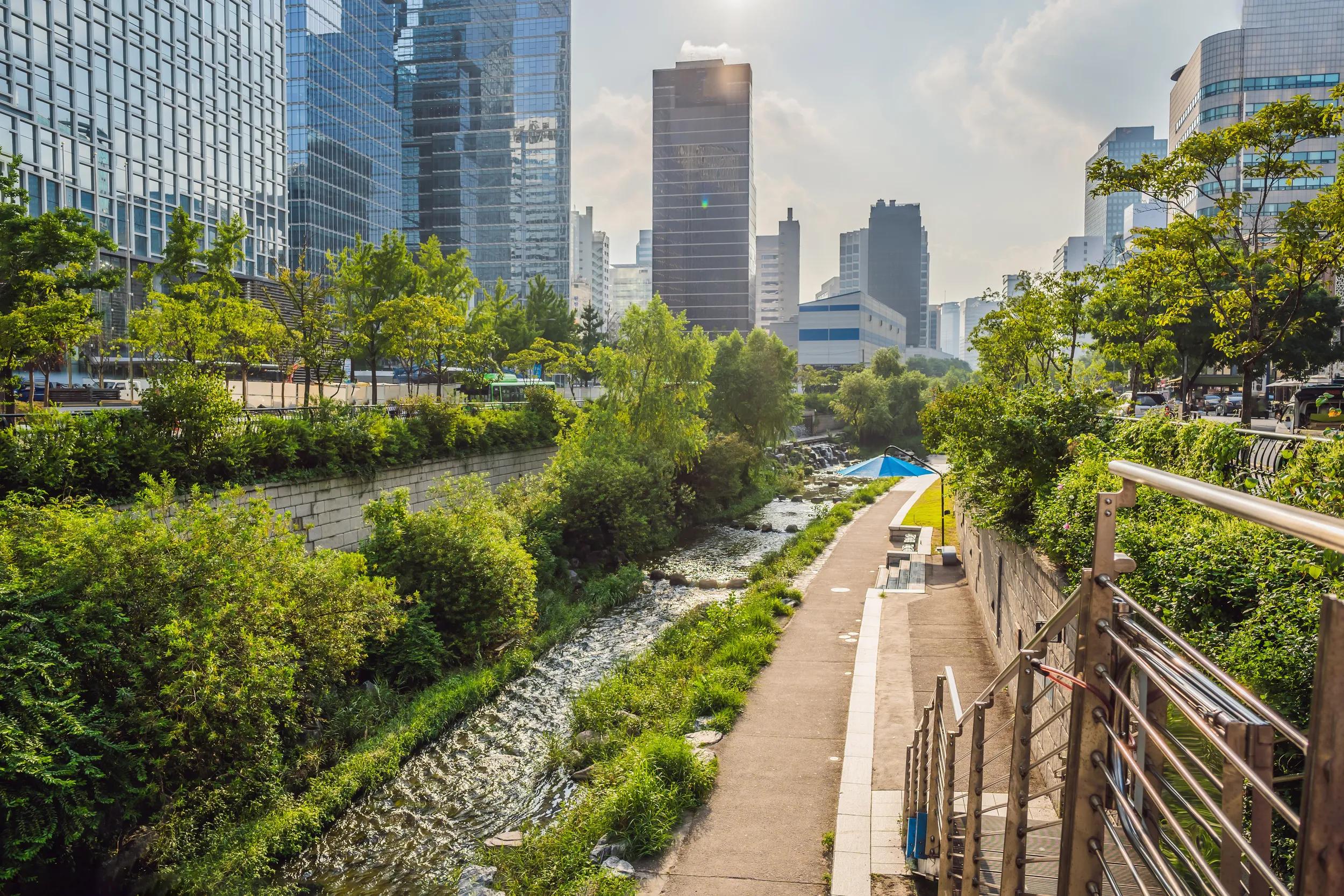 Cheonggyecheon stream in Seoul, Korea. Cheonggyecheon stream is the result of a massive urban renewal project.