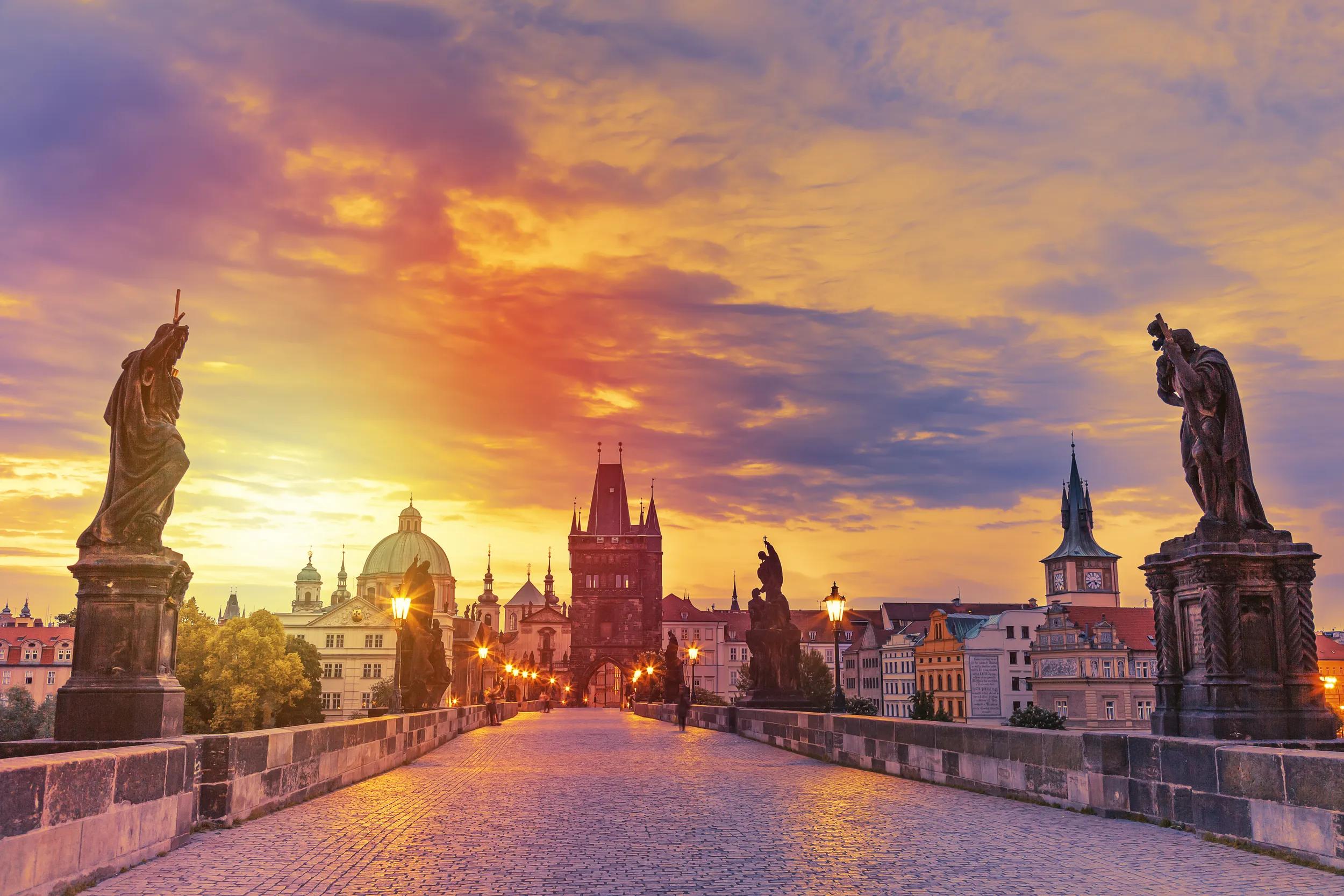 View of Charles Bridge in Prague during sunset, Czech Republic.