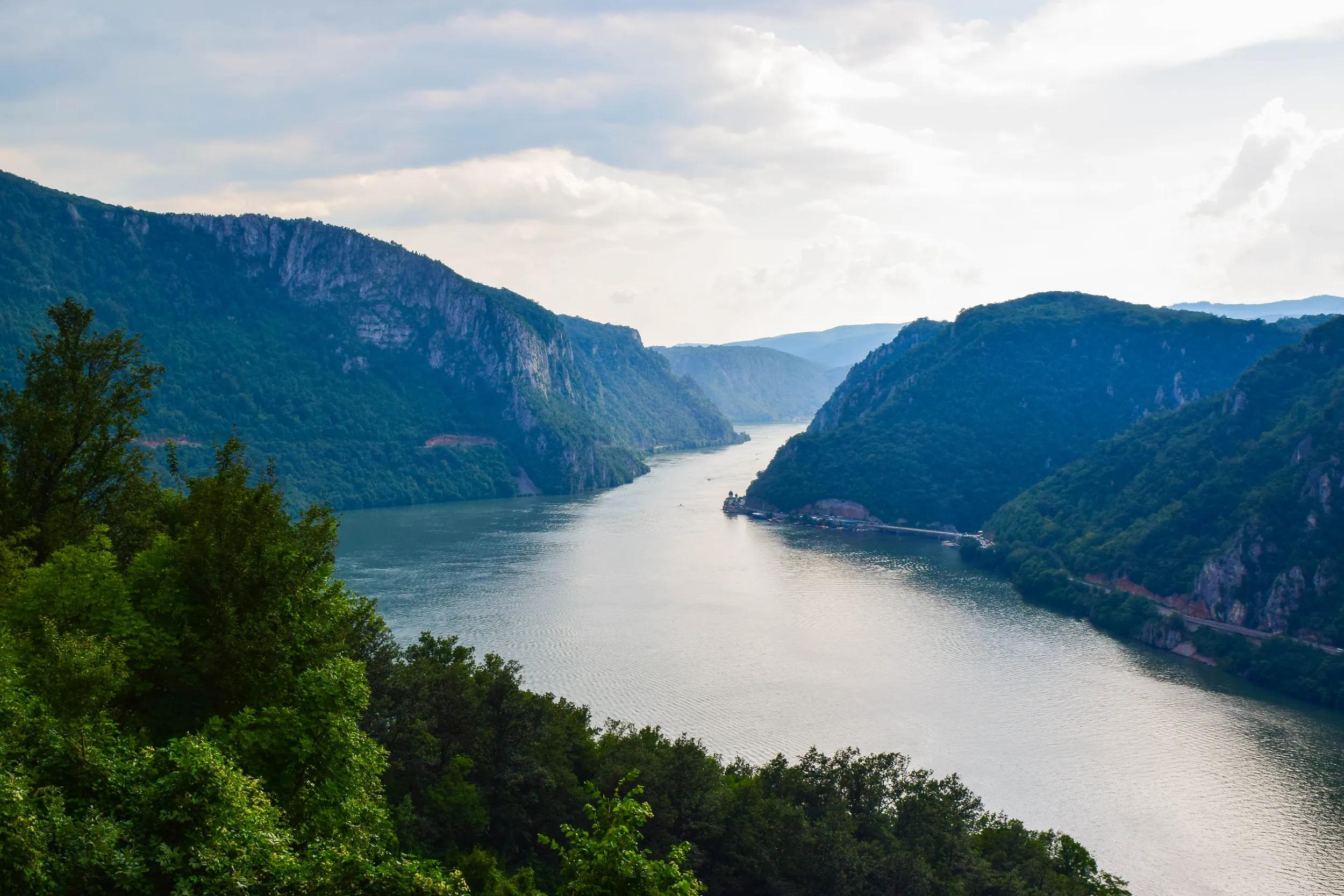 The Iron Gate or Djerdap Gorge - gorge on the Danube River in Djerdap National Park, Serbia and Romania border. This is the narrowest point of the largest and longest gorge in Europe. View from Serbia