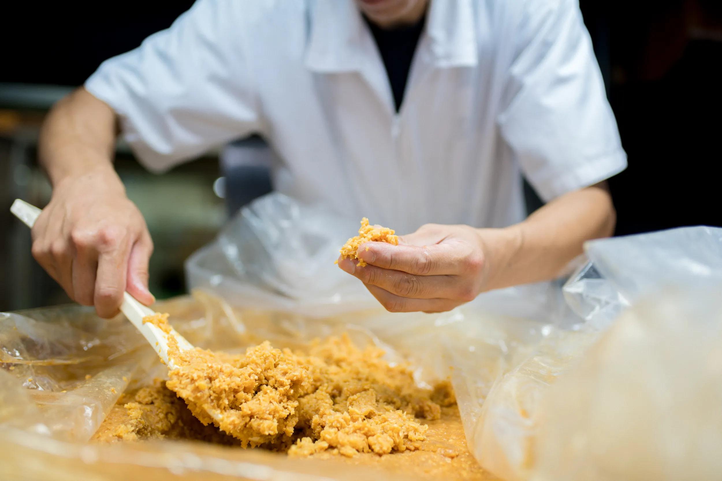 Japanese worker inspecting miso. Okayama, Japan