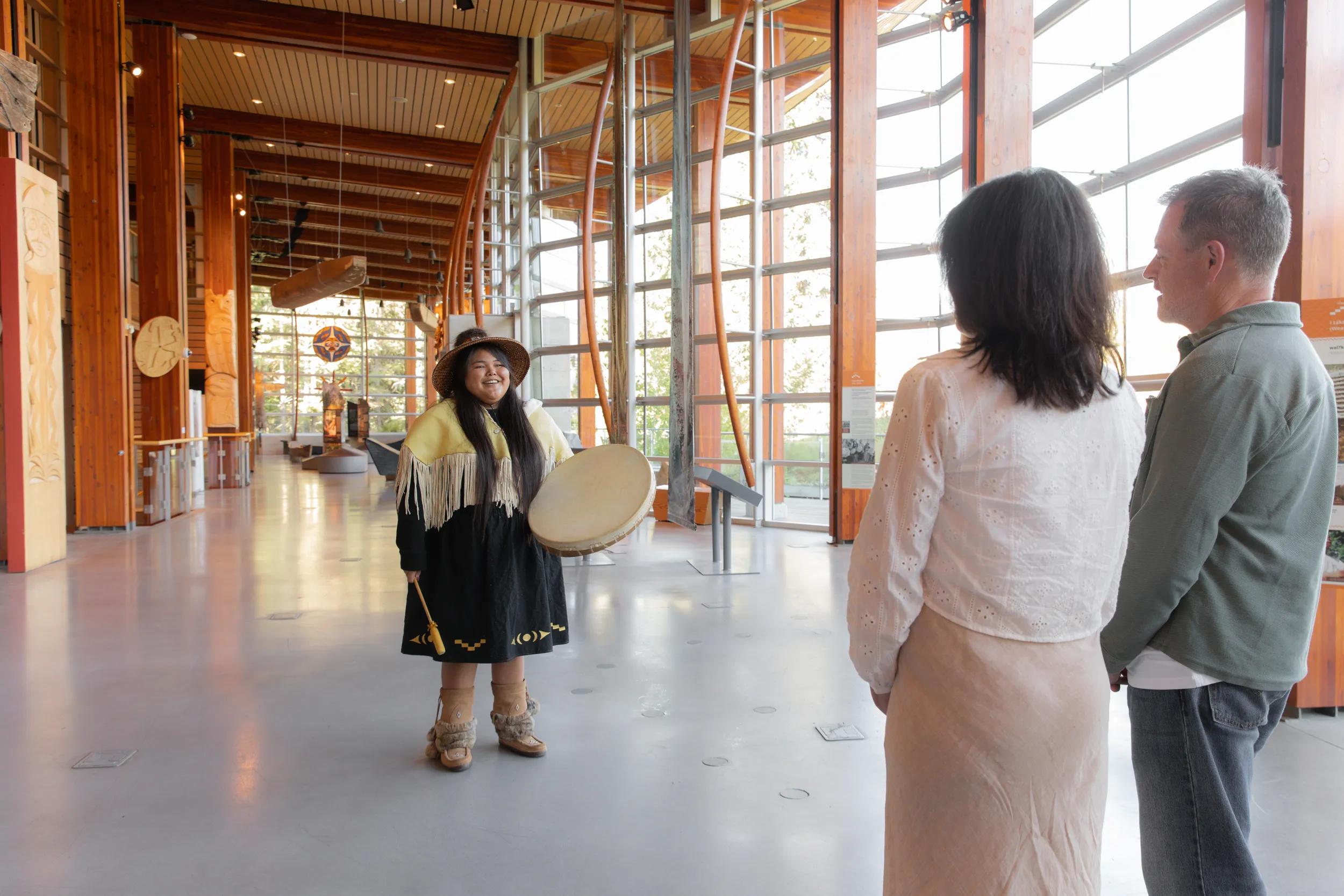 Cultural Ambassador Georgina leading a tour at the Squamish Lil'wat Cultural Centre, Whistler, Canada.