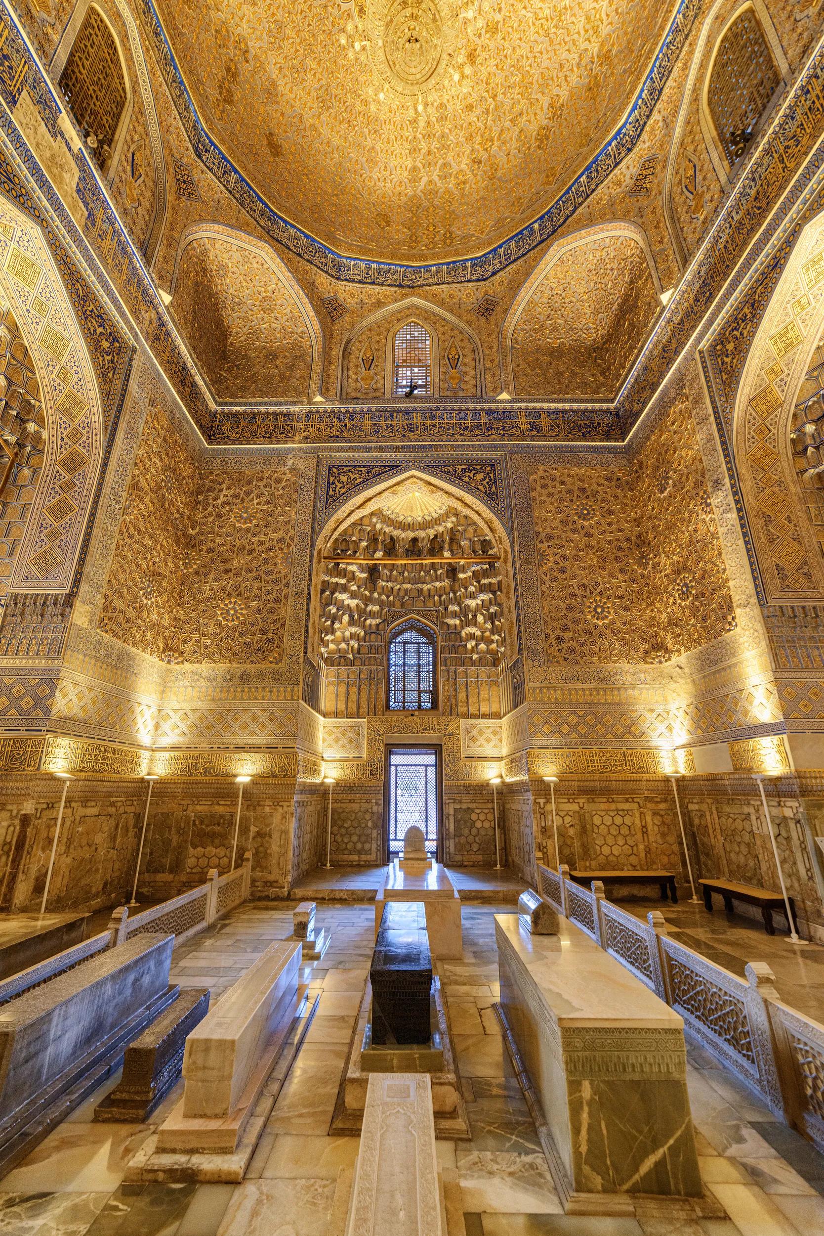 Inside view of the Gur-e-Amir (Guri Amir) in Samarkand, Uzbekistan. Interior of mausoleum of the Turco-Mongol conqueror Timur (Tamerlane). The tomb is a popular tourist attraction of Central Asia.