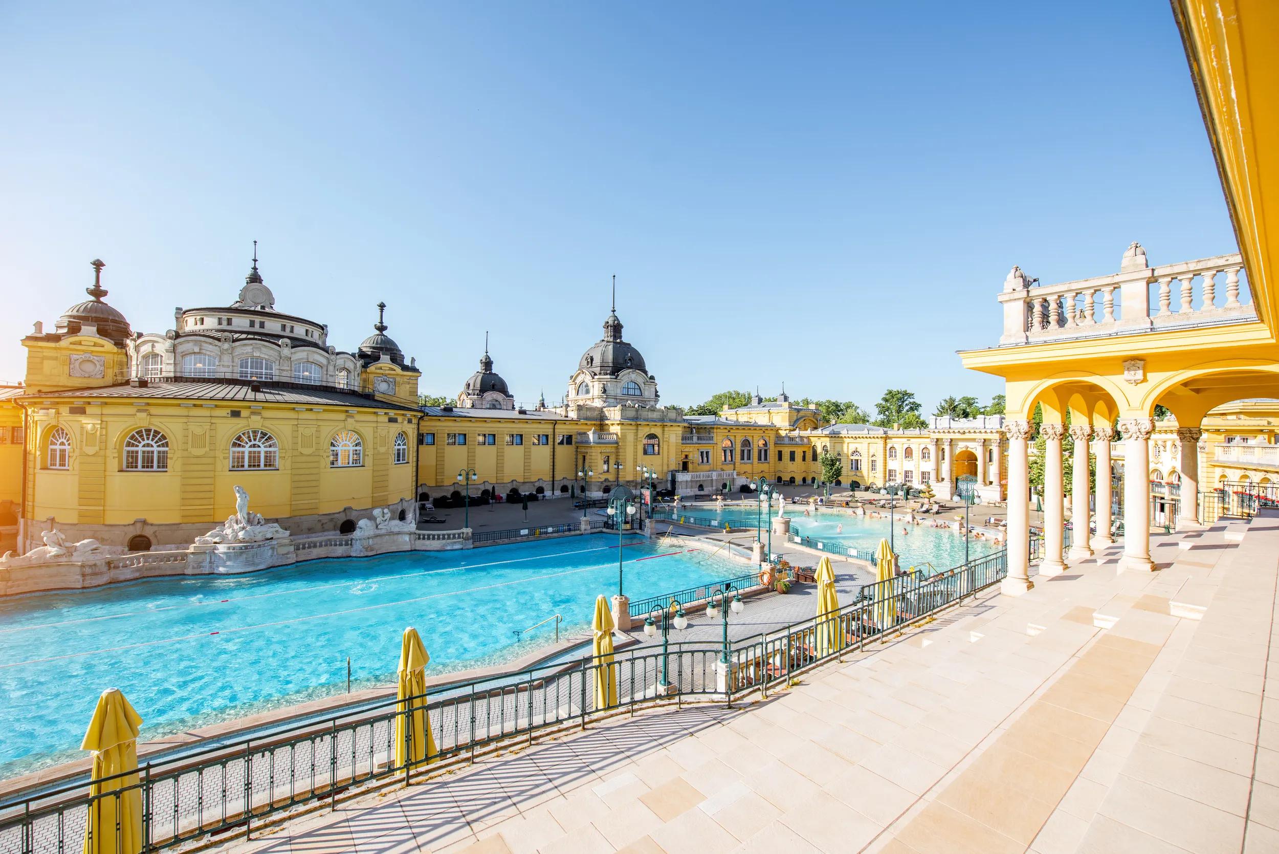 Szechenyi outdoor thermal baths during the morning light without people in Budapest, Hungary