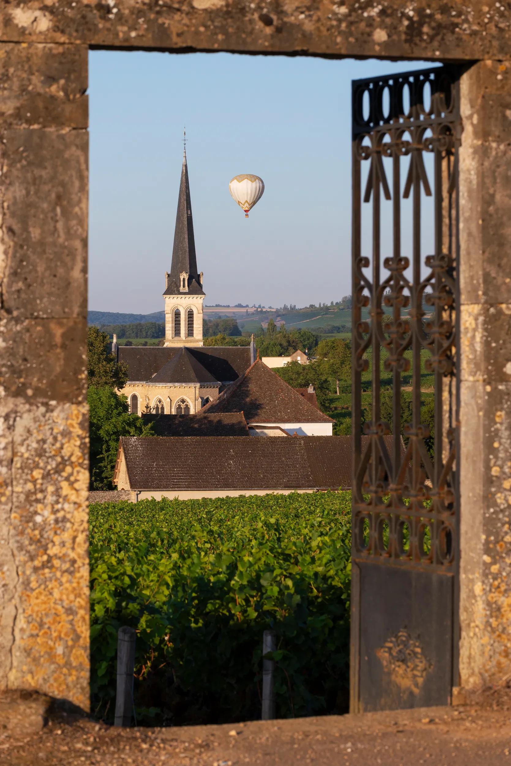 Santenay wine village view of vineyard, church and hot-air balloon, Burgundy, France.