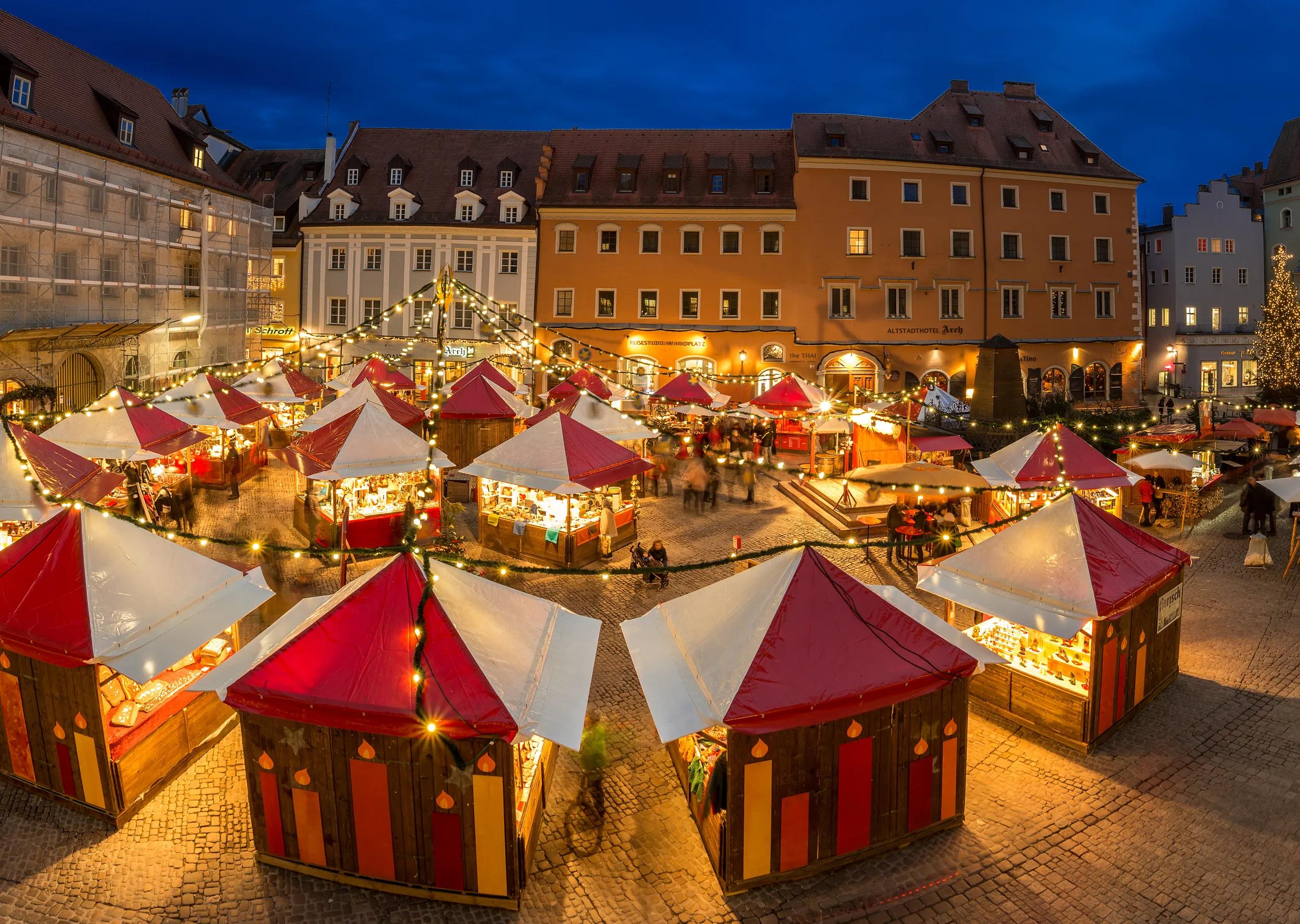 Christmas Market at night, elevated view, Regensburg, Germany.