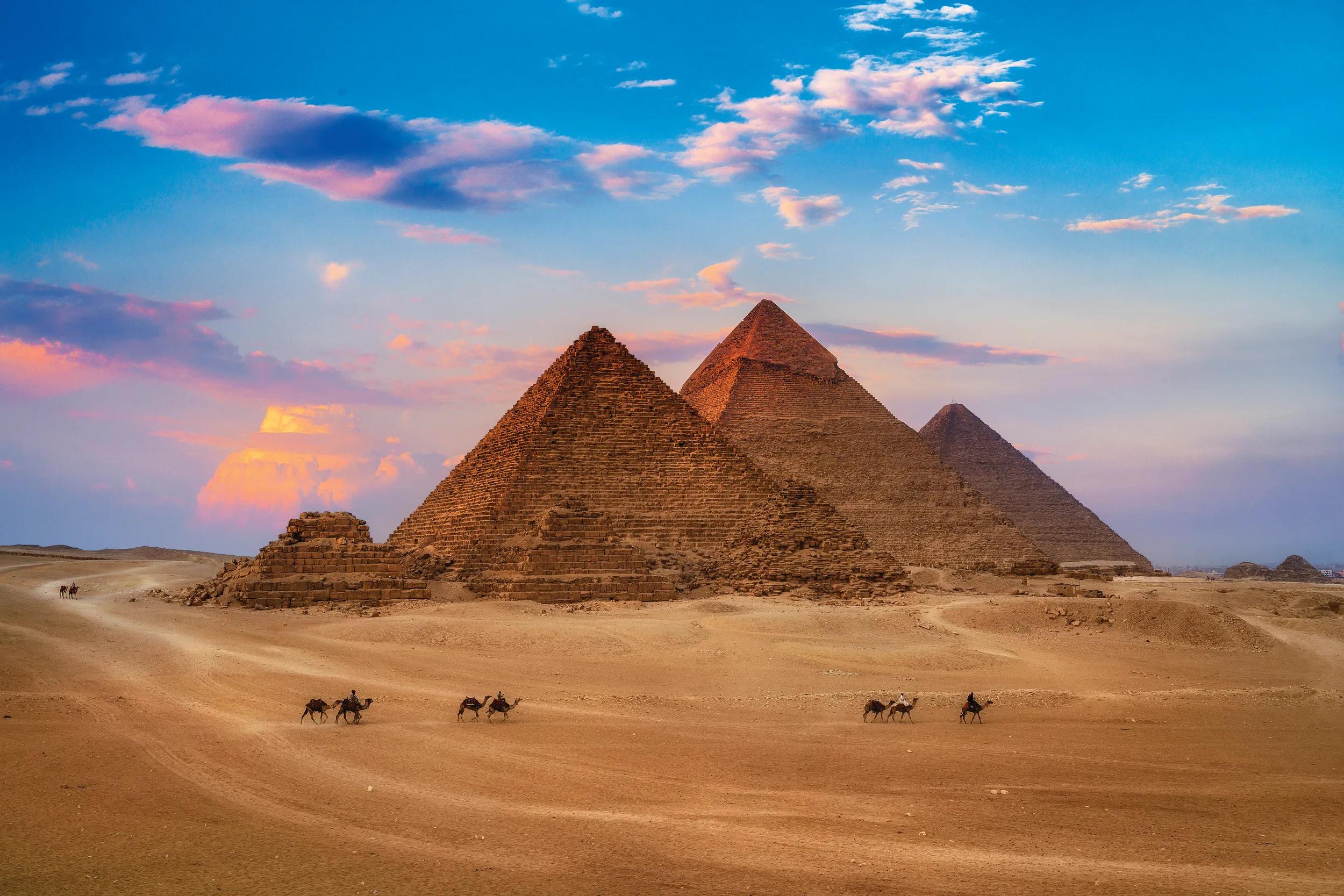 Giza Egypt Pyramids in Sunset Scene, Wonders of the World.