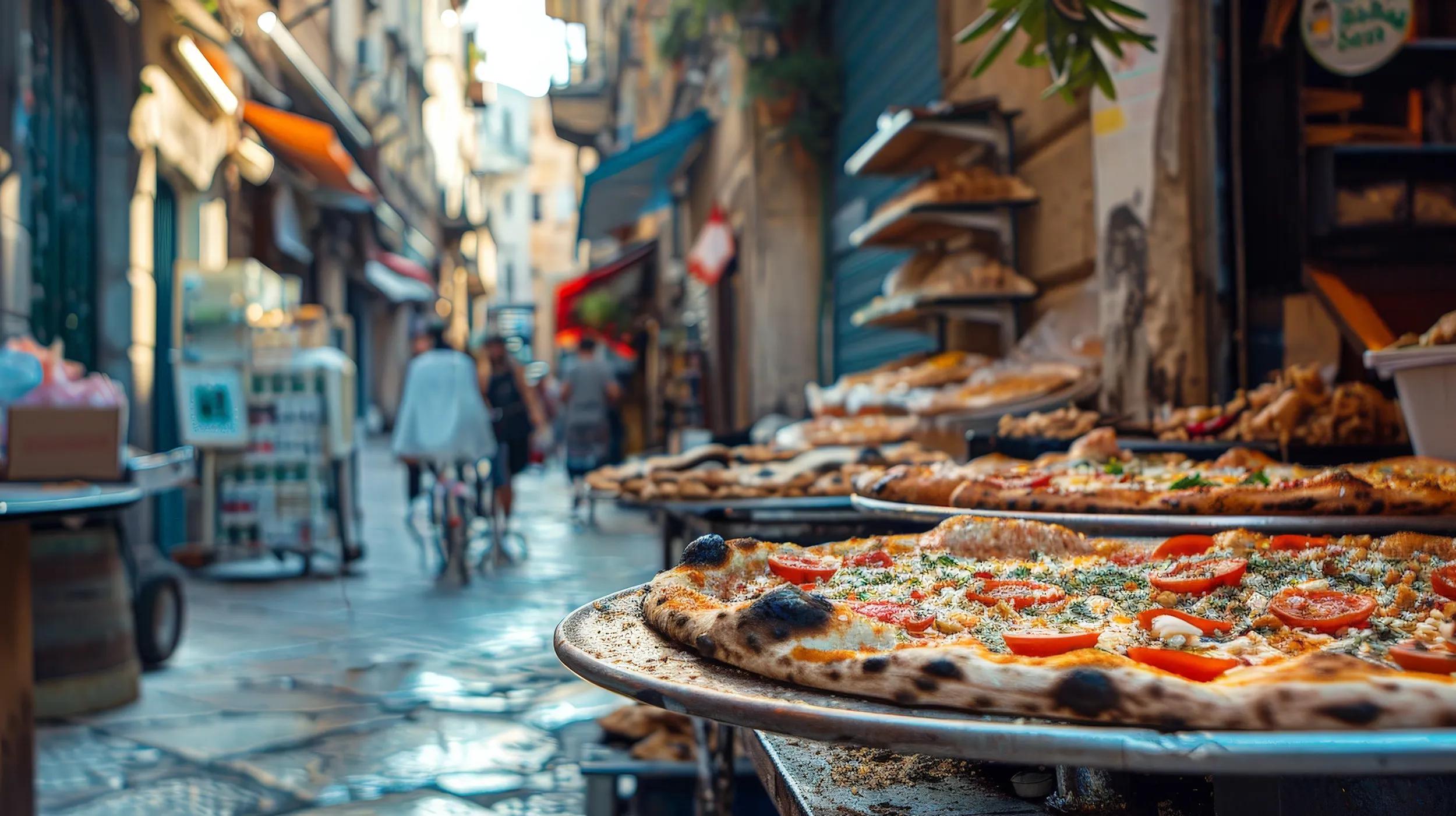 A sfincione, a traditional Sicilian pizza with a thick crust, tomato sauce, onions, and breadcrumbs, is being eagerly devoured.