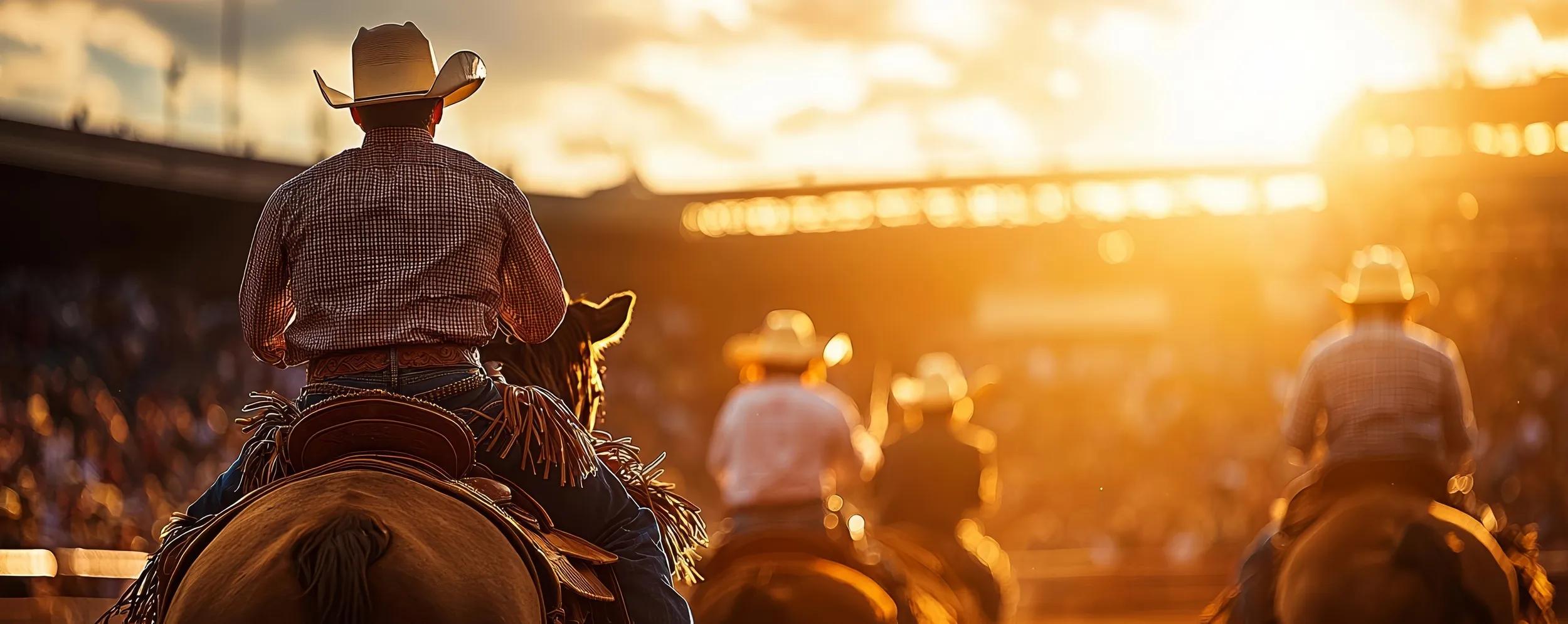 Cowboys riding into the sunset at Calgary Stampede, vibrant skies with golden light reflecting off their outfits, crowds cheering in the arena