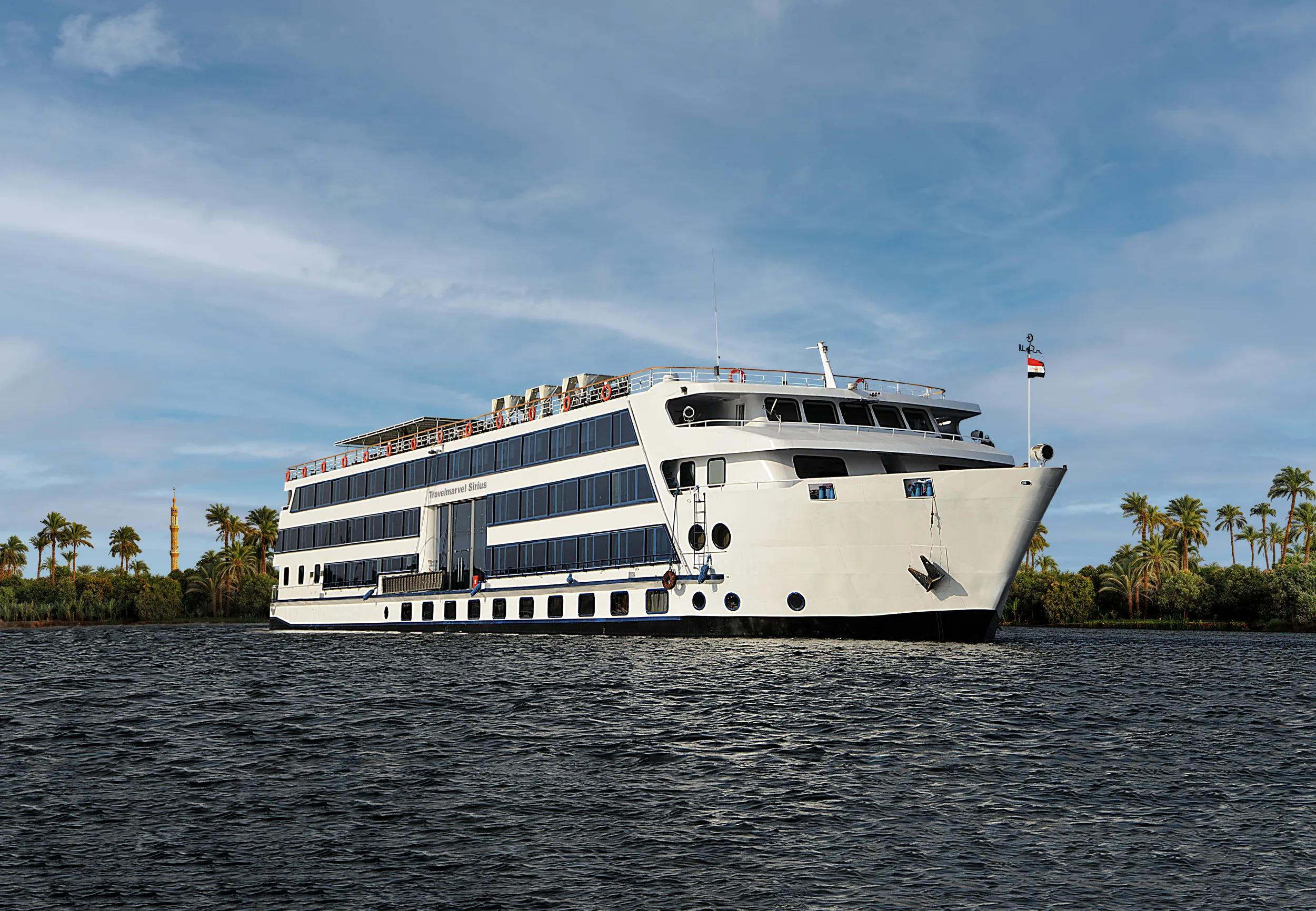Ship Travelmarvel Sirius exterior, Nile River, Egypt. Composition from original ship photo.