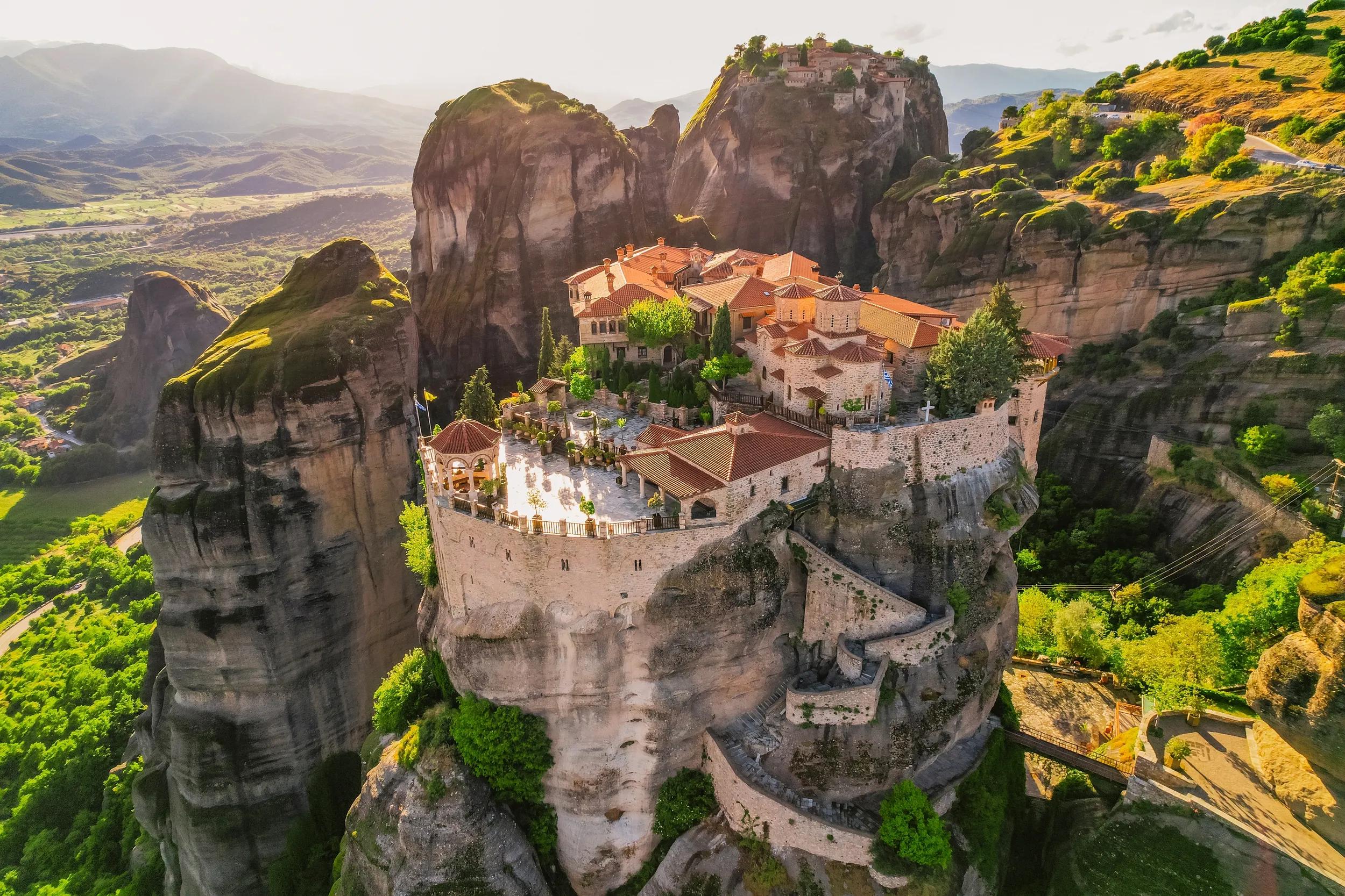 The monastery Meteora, aerila rocky monasteries complex in Greece near Kalabaka city. Holy Monastery of the Great Meteoron and Varlaam