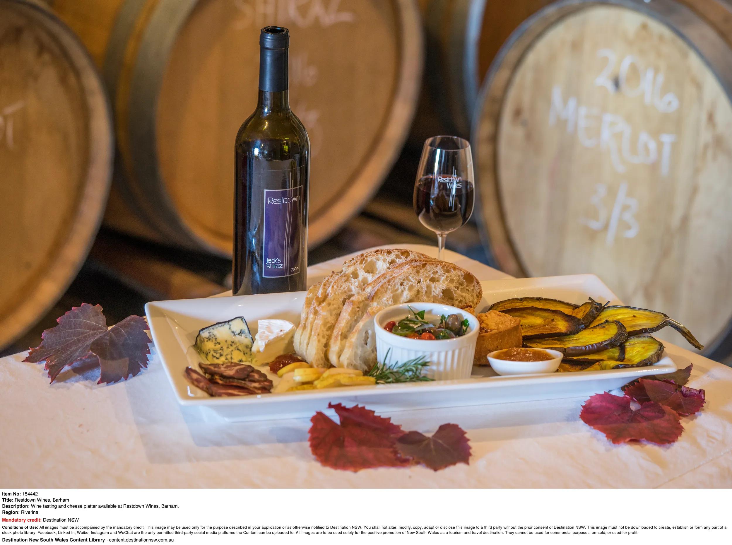 Wine tasting and cheese platter available at Restdown Wines, Barham.