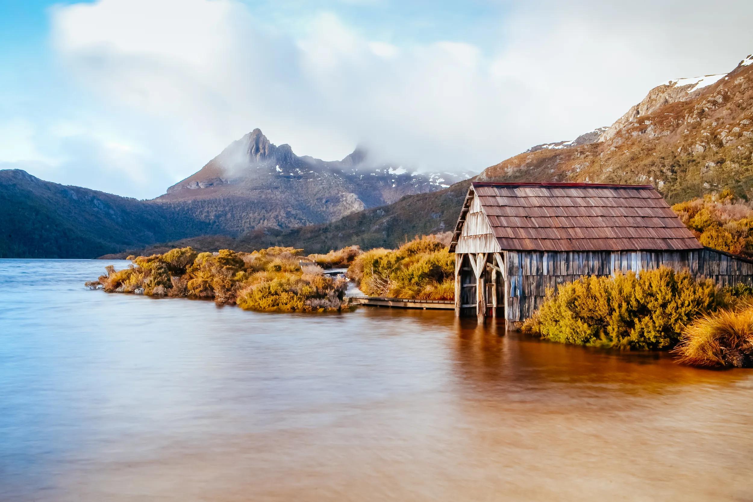 Dove Lake boatshed on an early winter morning in Cradle Mountain, Tasmania, Australia