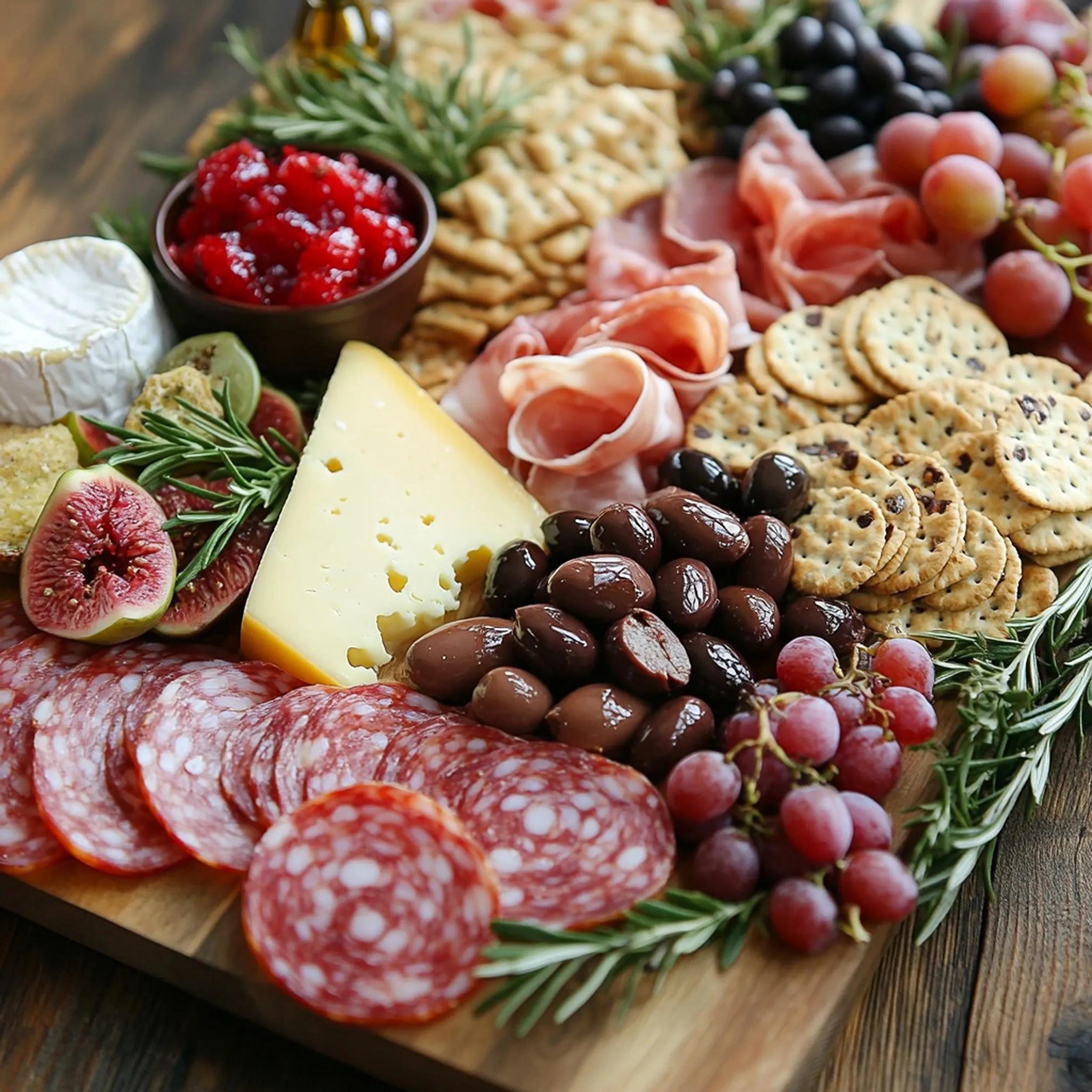 Serbian meze - kulen sausage, balkan bacon, goat cheese, olives and ajvar sauce.