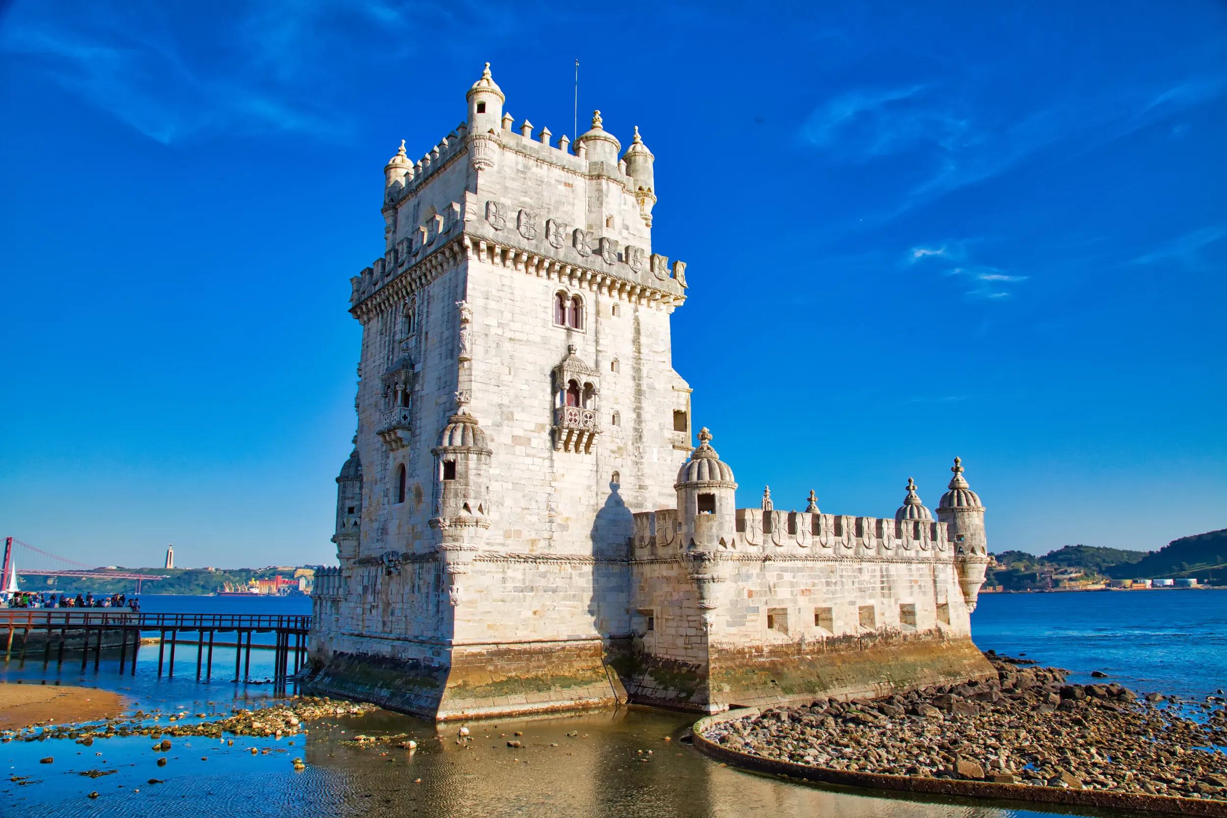 Lisbon, Belem Tower at sunset on the bank of the Tagus River