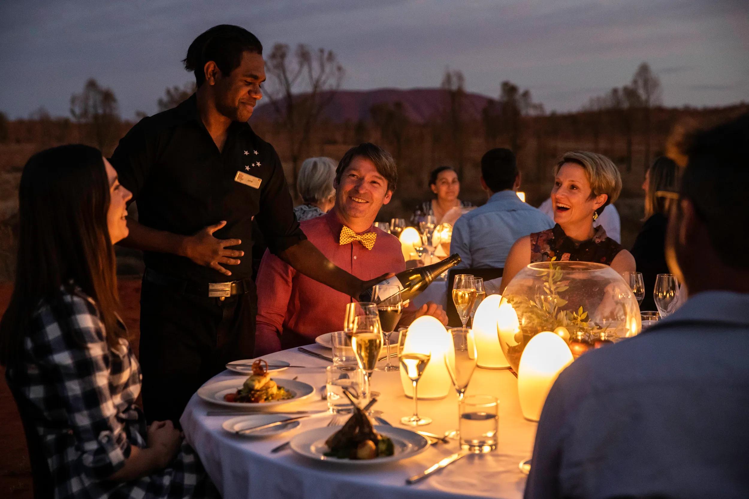 Sounds of Silence will have you feasting on a gourmet barbecue buffet of authentic Australian delicacies including barramundi, kangaroo, emu, crocodile, bush salads and classic desserts, complemented by some of Australia's finest wines. Attention then turns to some of the world's best stargazing, as the resident 'star talker' takes you on an unforgettable tour of a spectacular southern night sky. As you wind down after a delicious dinner, you are offered a choice of tea, coffee or port, or in winter, savour a special treat of hot mulled wine.