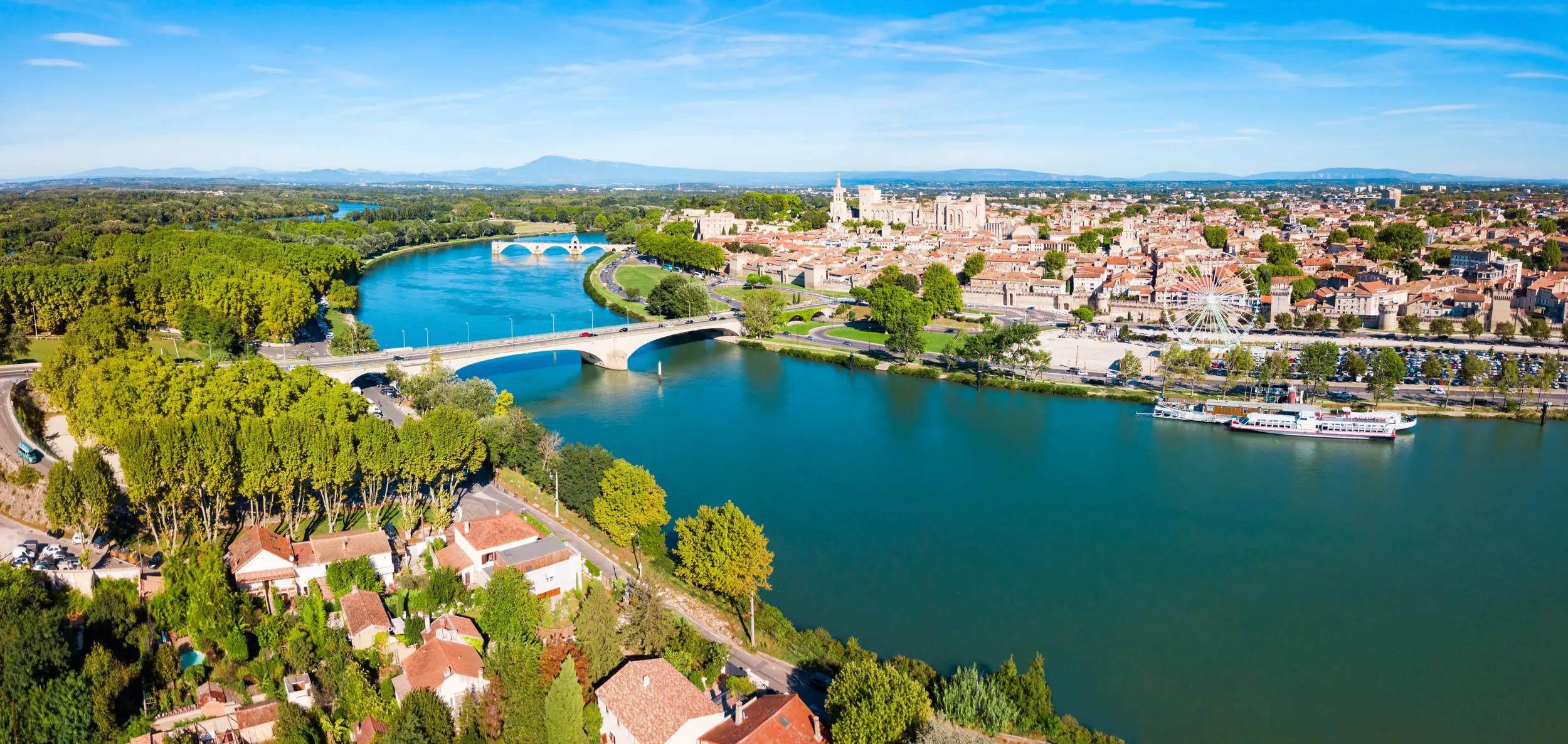 Rhone river aerial panoramic view in Avignon. Avignon is a city on the Rhone river in southern France.