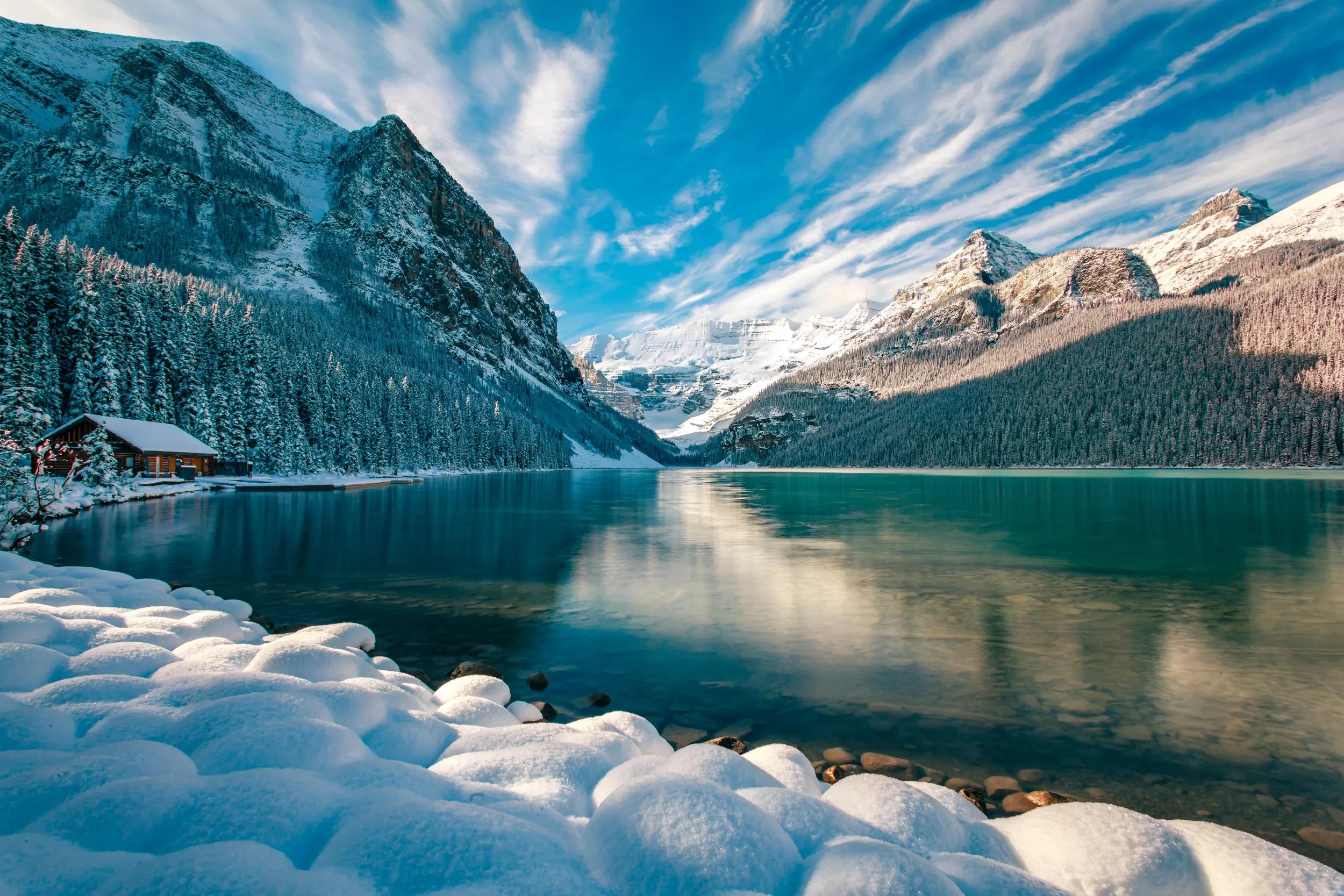 Lake louise with snow in autumn, banff national park- alberta, canada