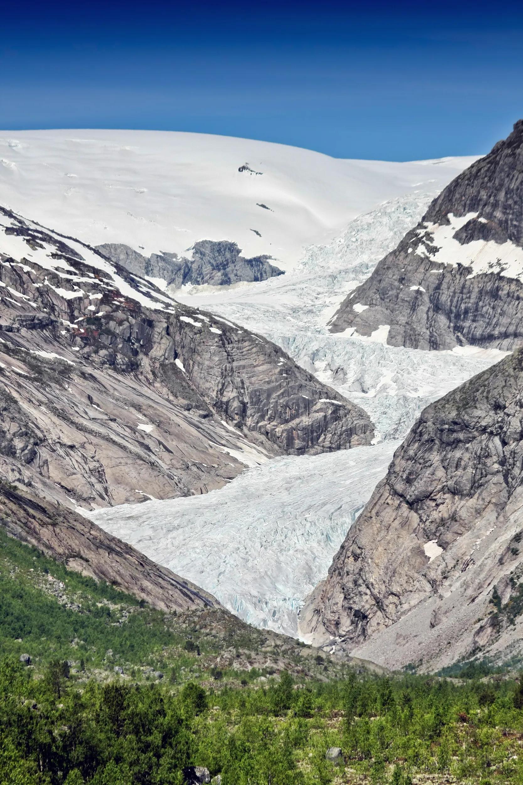 Overview of Nigardsbreen glacier, which is a part of Jostedalsbreen glacier in Norway.