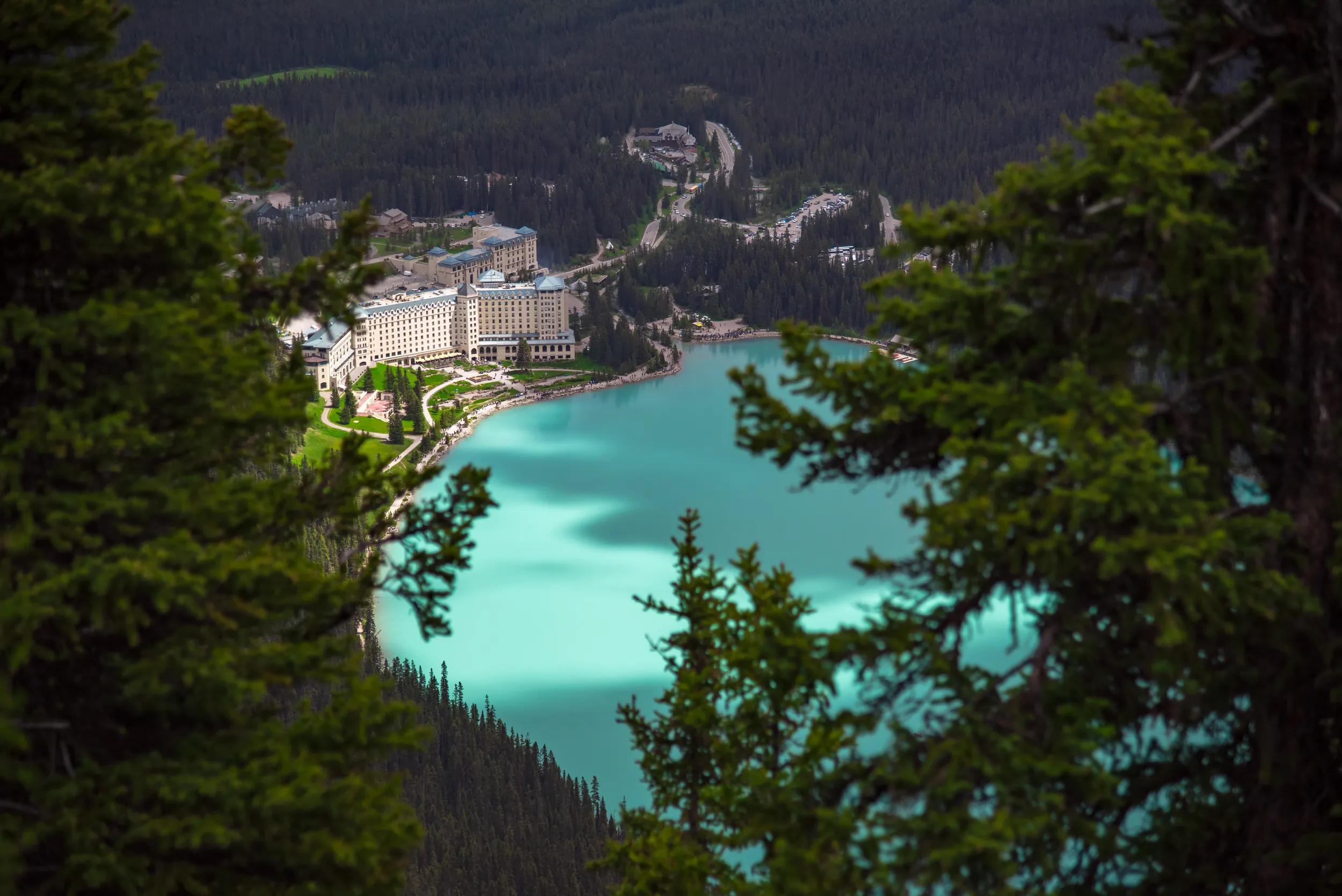 View from the top of the mountain of hotel at Lake Louise with turquoise color in the lake in summer, in Alberta ,Canada
