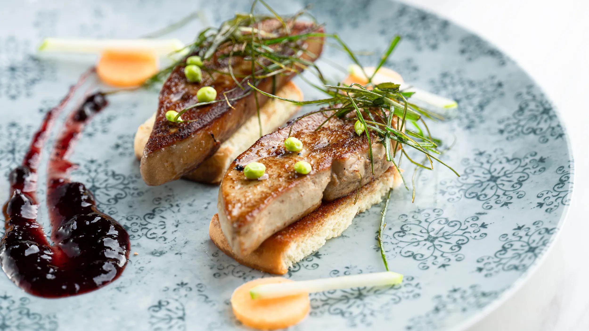 Pan Fried Foie Gras on plate with garnish