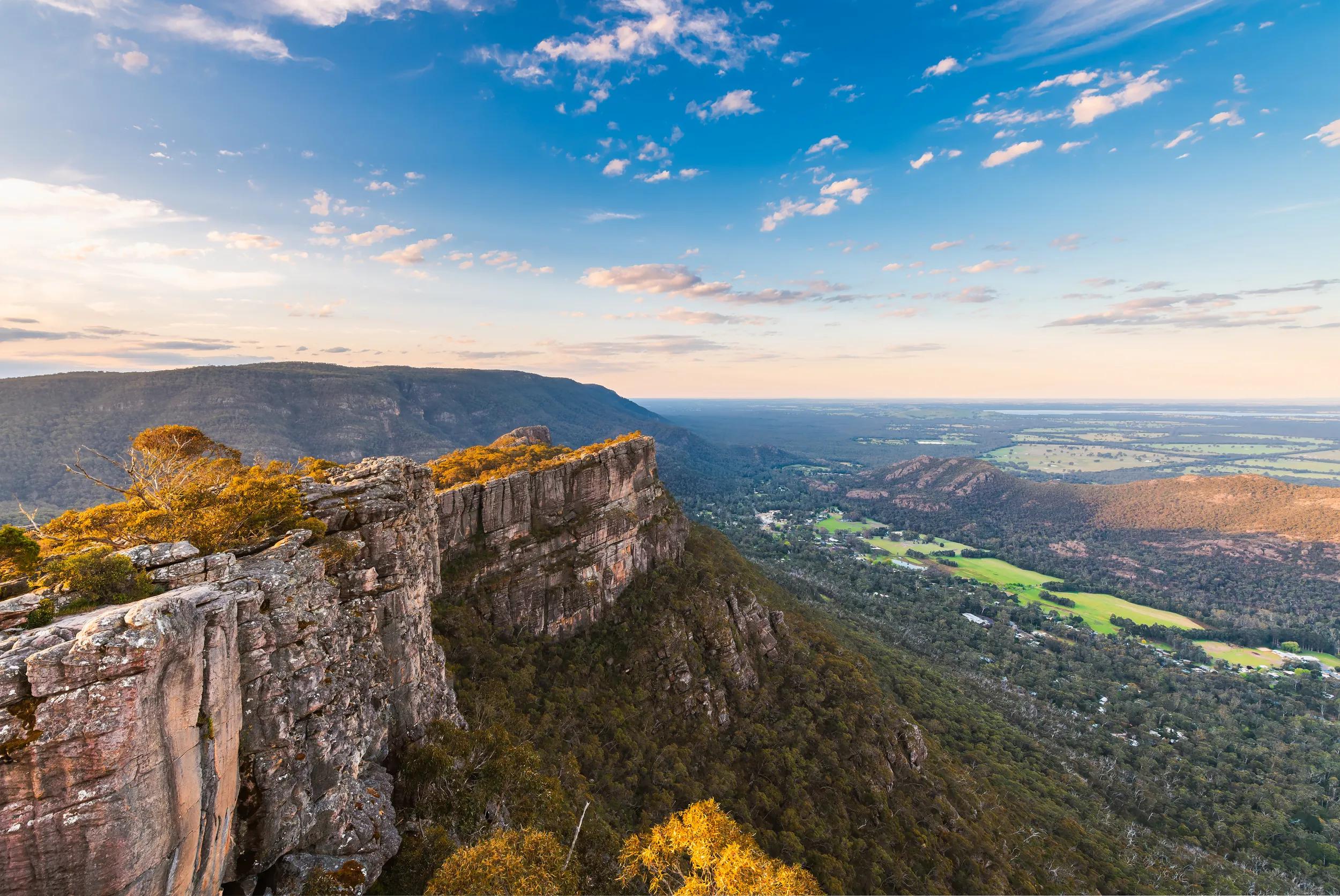 Grampians National Park mountains viewed from Pinnacle lookout at sunset, Halls Gap, Victoria, Australia