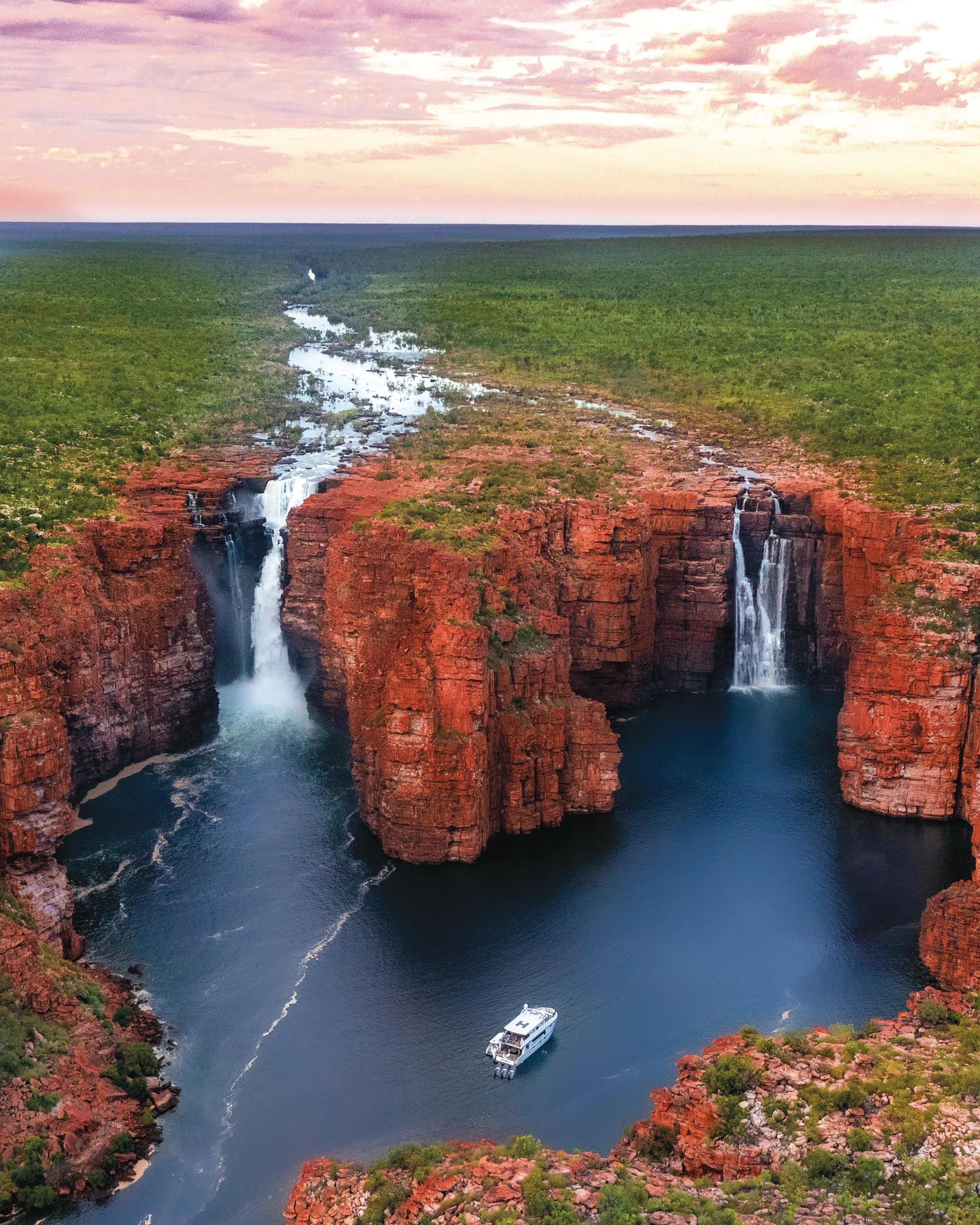 Aerial view of King George Falls with Kimberley Quest expedition cruising vessel, Kimberley
