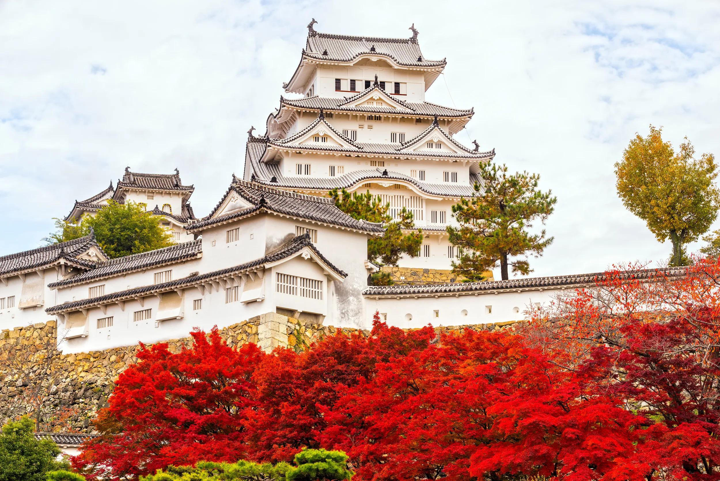 Himeji Castle, also called White Heron Castle, in autumn season, Japan.