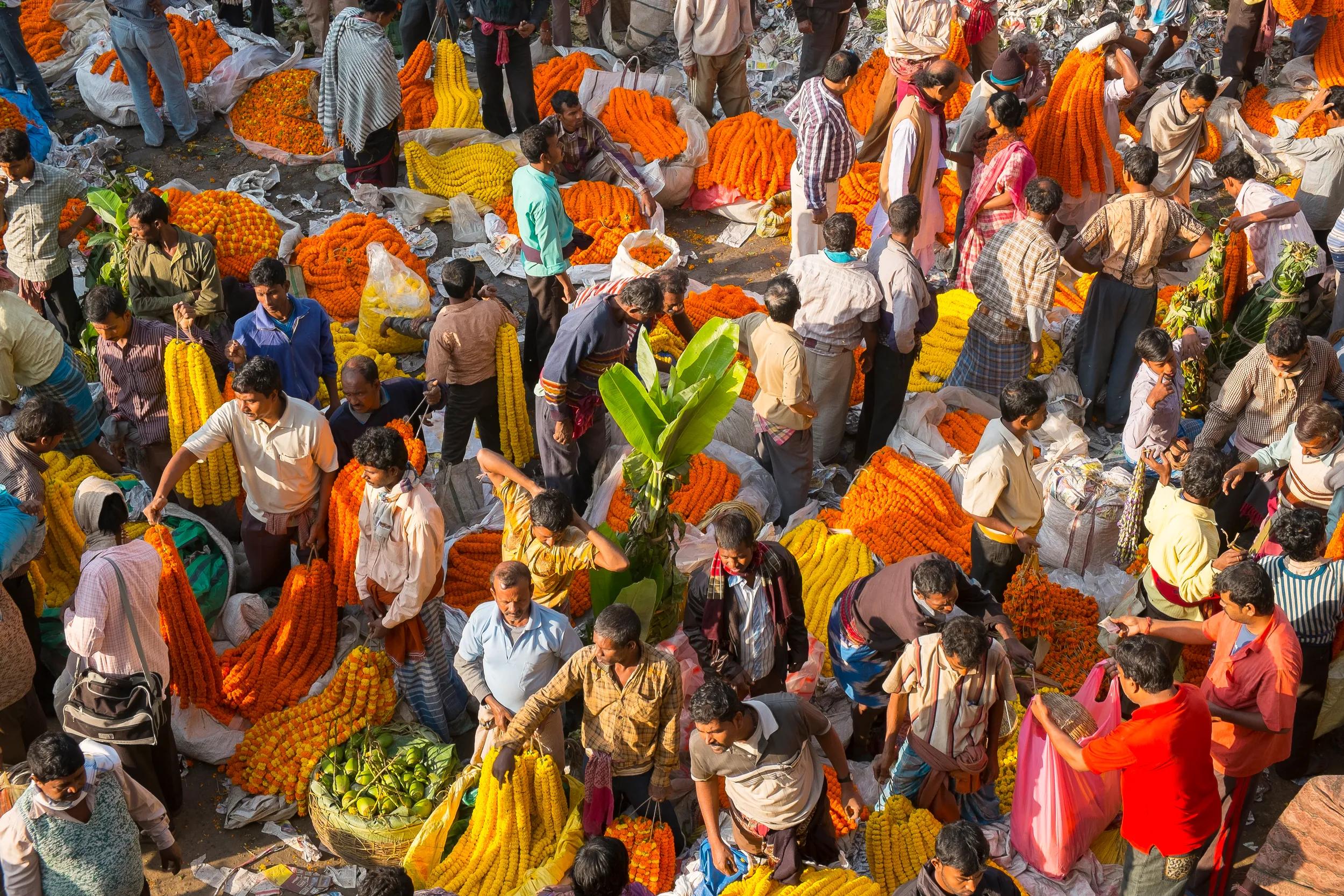 India, West Bengal, Kolkata, (Calcutta) Flower Market next to Howrah Bridge.
