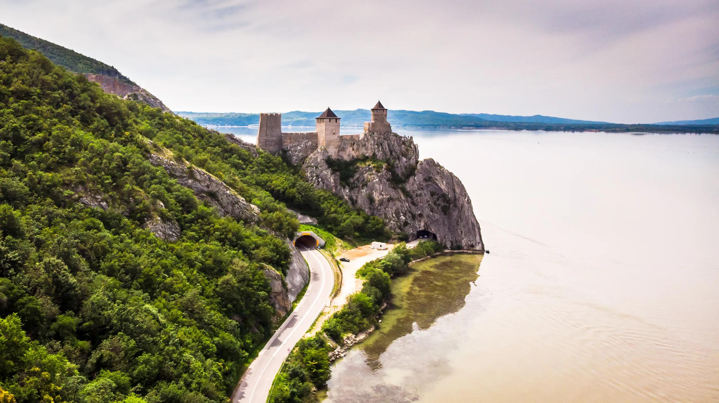 Aerial view of old medieval fortress Golubac, by the Danube river near the Golubac town.