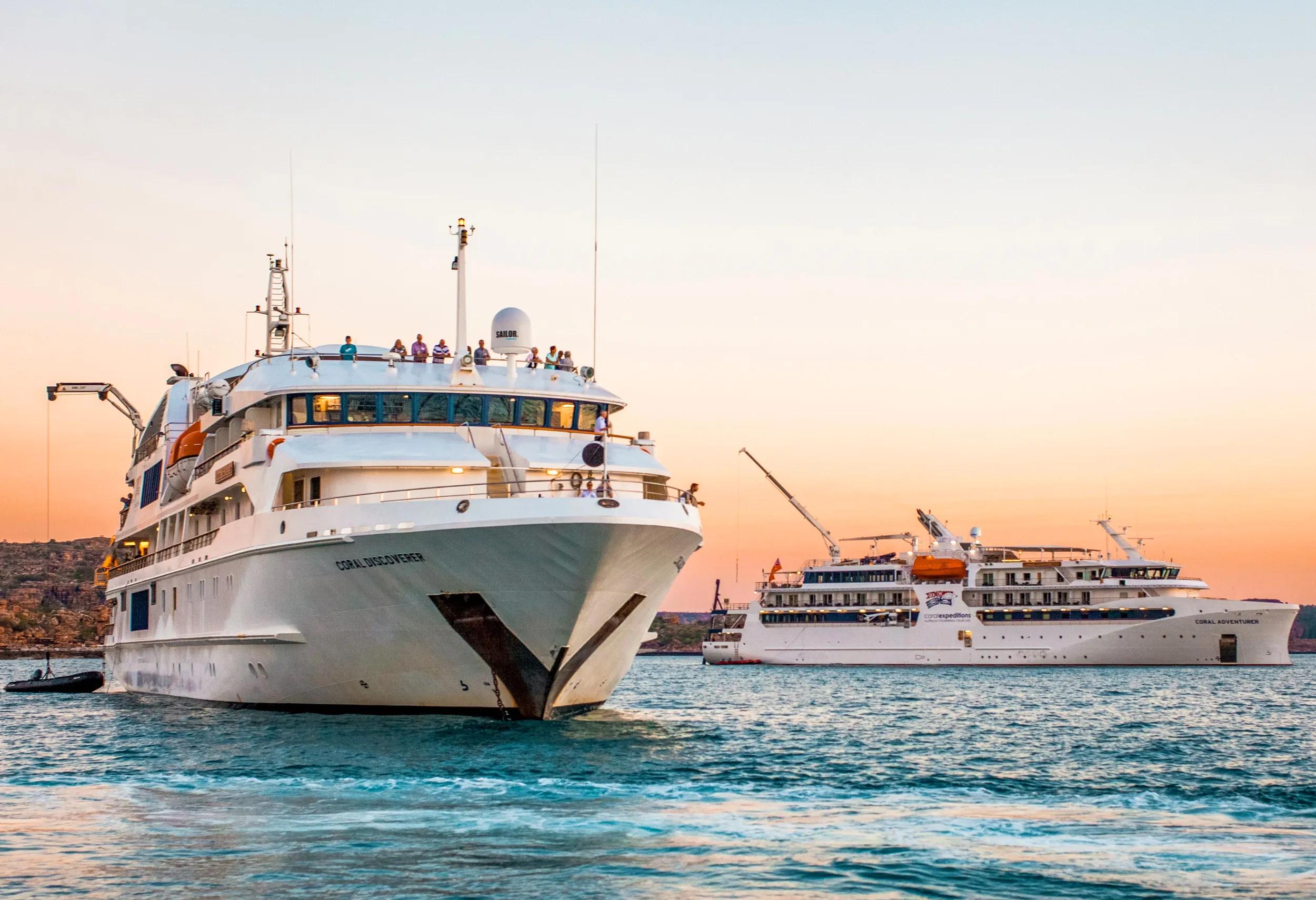 Ships Coral Discoverer and Coral Adventurer at anchor, APT Australian and NZ Expedition cruise.
