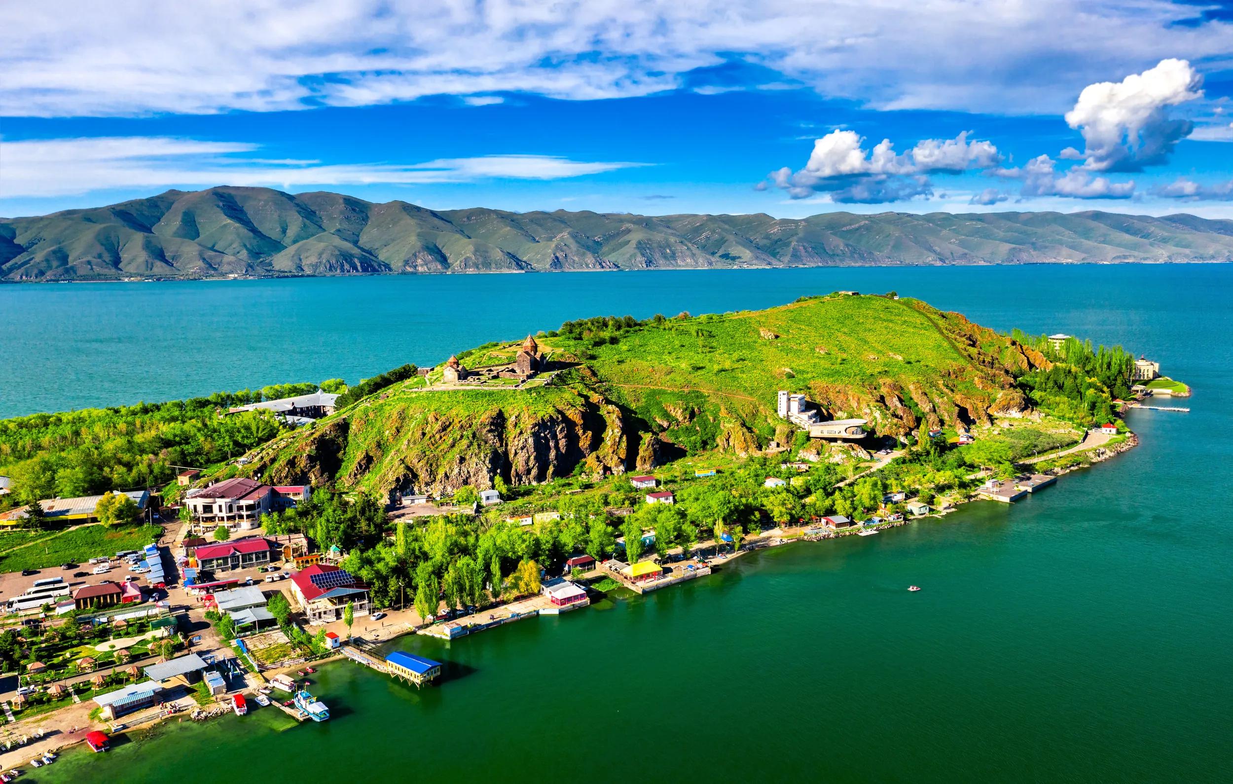 Aerial view of Sevan Peninsula in Lake Sevan in Armenia