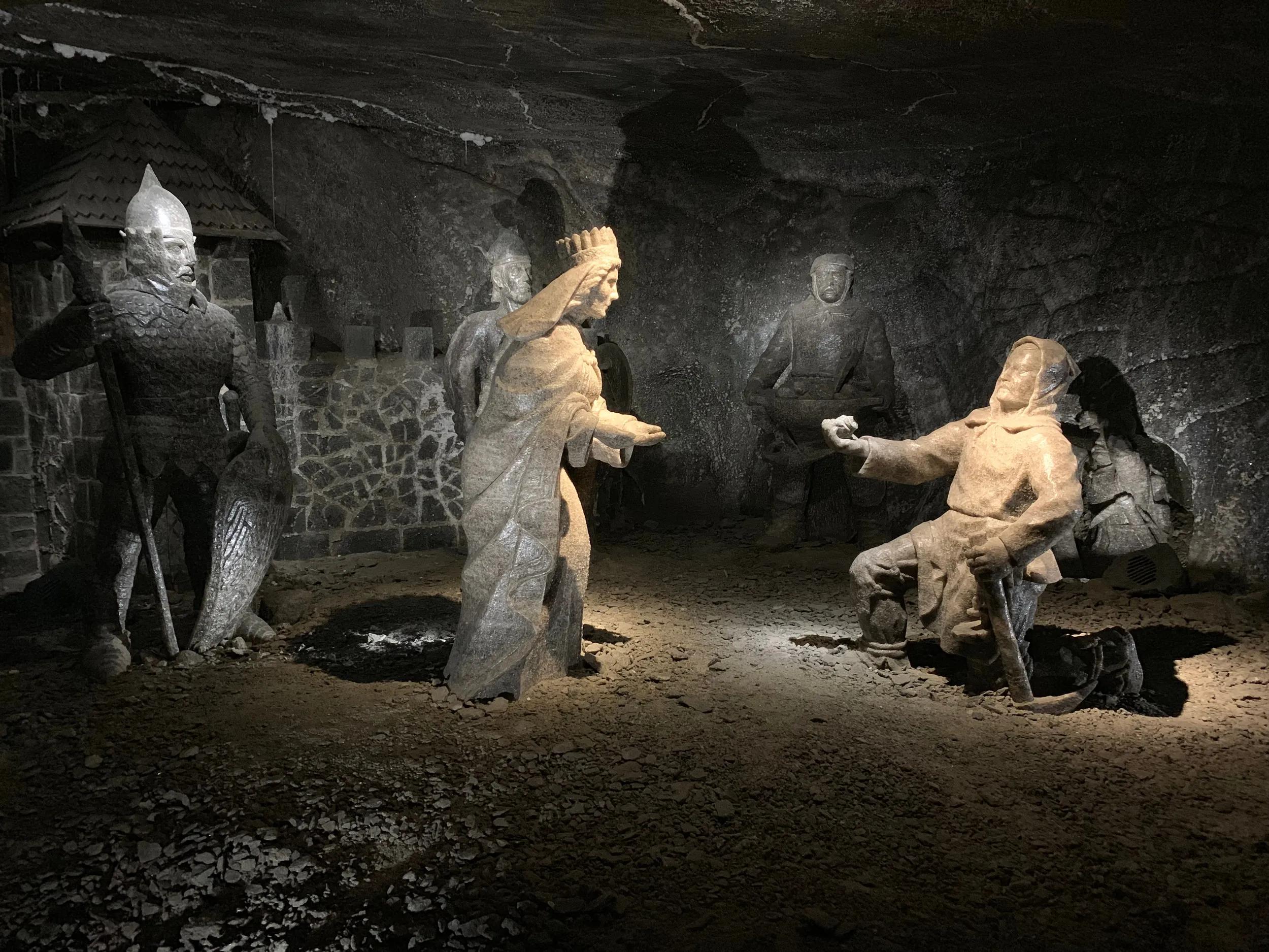 Wieliczka, Poland – Salt sculptures depicting legendary figures inside the UNESCO-listed Wieliczka Salt Mine. Intricate underground art carved entirely from rock salt.